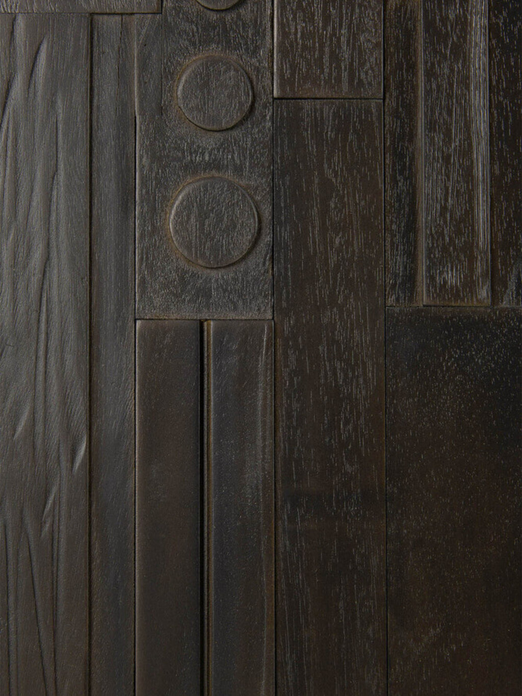 Ethnicraft Mosaic Sideboard in Teak Off-Black, a detailed view of the dark wood's intricate mosaic pattern, highlighting the craftsmanship and varying textures of the carved teak.