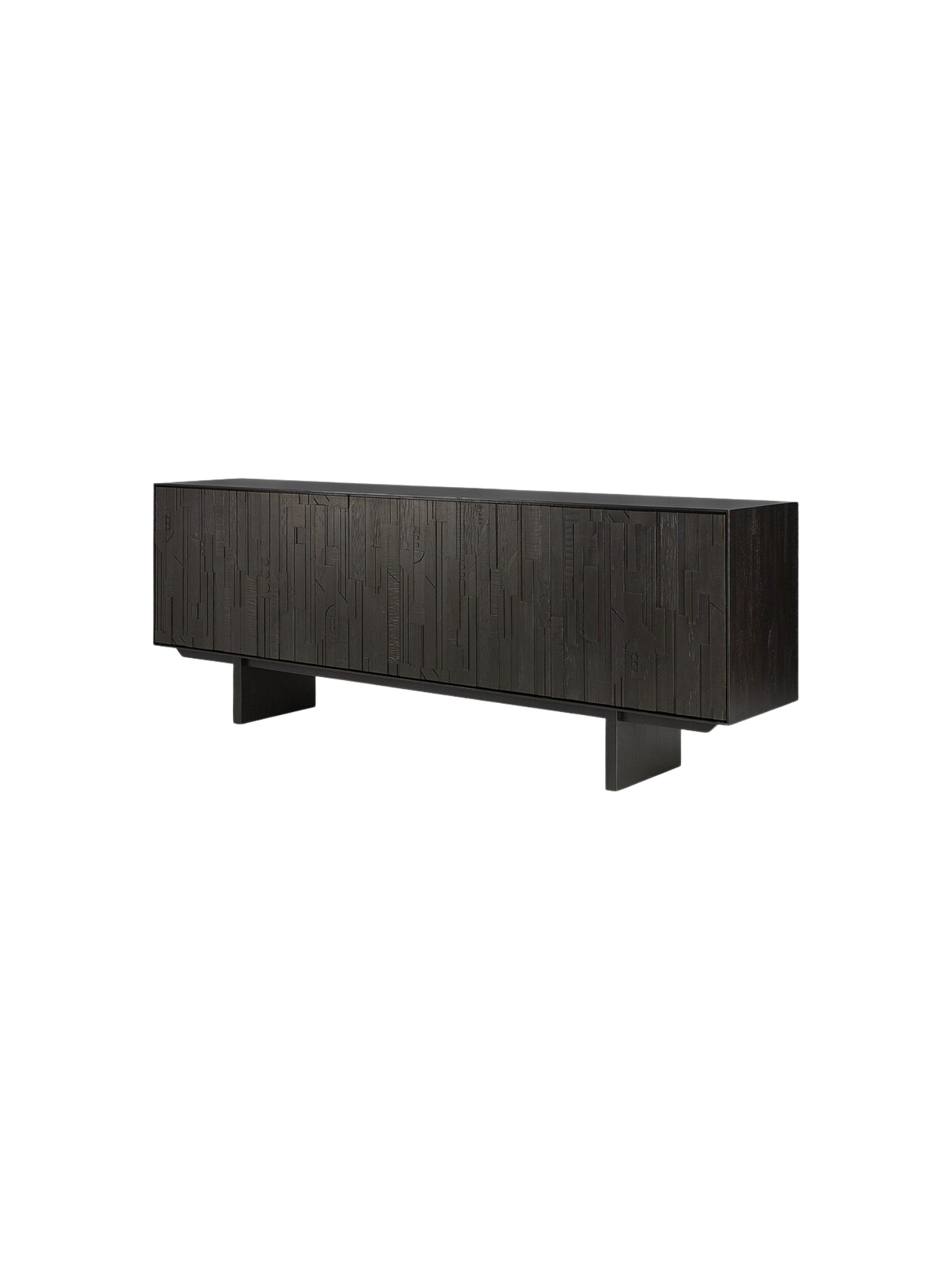 Ethnicraft Mosaic Sideboard in Teak Off-Black, a long, elegant dark wood cabinet with intricate geometric patterns carved into its facade, displayed on a clean white background.