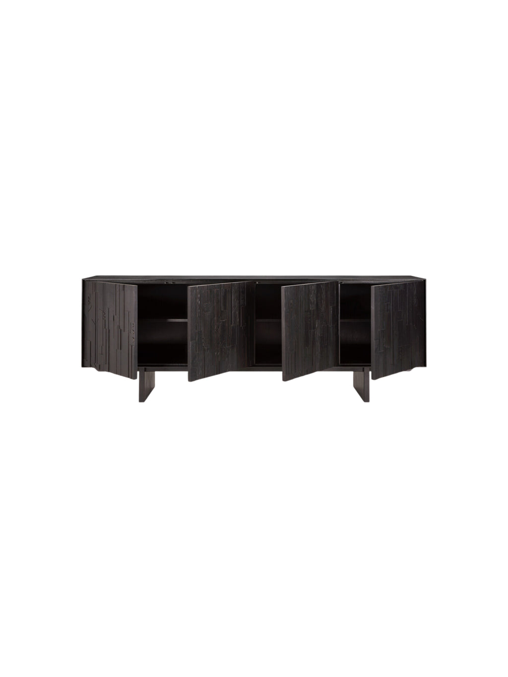 Ethnicraft Mosaic Sideboard, a full front view with all four dark off-black teak wood doors open, revealing the spacious interior compartments and shelves, showcasing its functional and artistic design, on a white background.