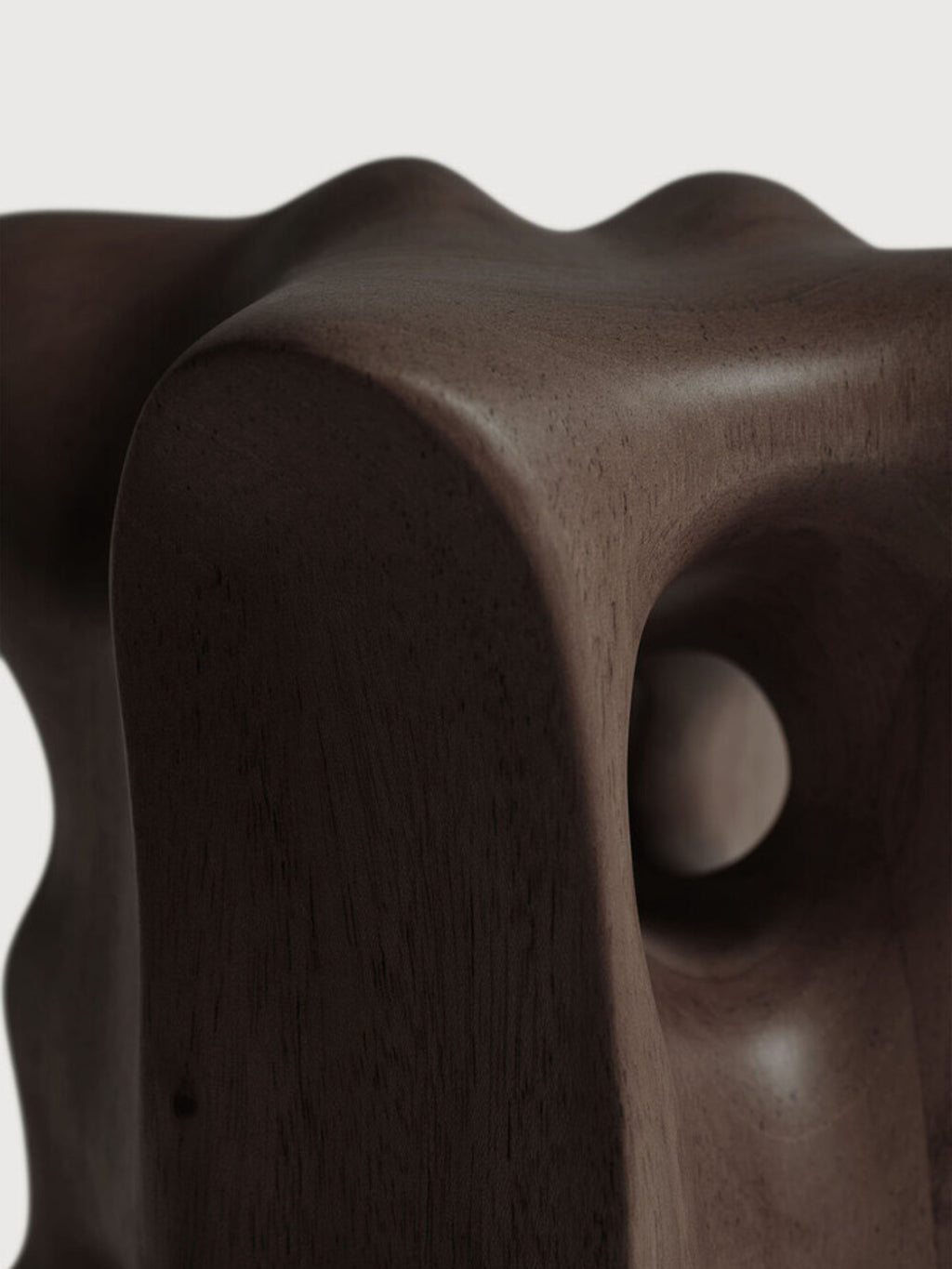 Ethnicraft Natural Organic Sculpture, a close-up detail of the dark brown mahogany wood, revealing its rich grain and smooth, undulating curves with a deep, intriguing hollow, showcasing its natural texture.