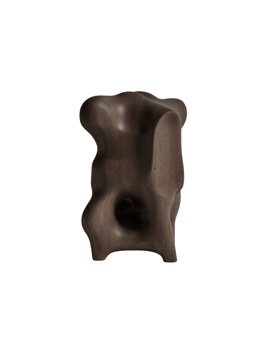 Ethnicraft Natural Organic Sculpture, a side view of the dark brown mahogany wood, highlighting its fluid, sculptural form with rounded edges and an intriguing internal void, displayed on a white background.