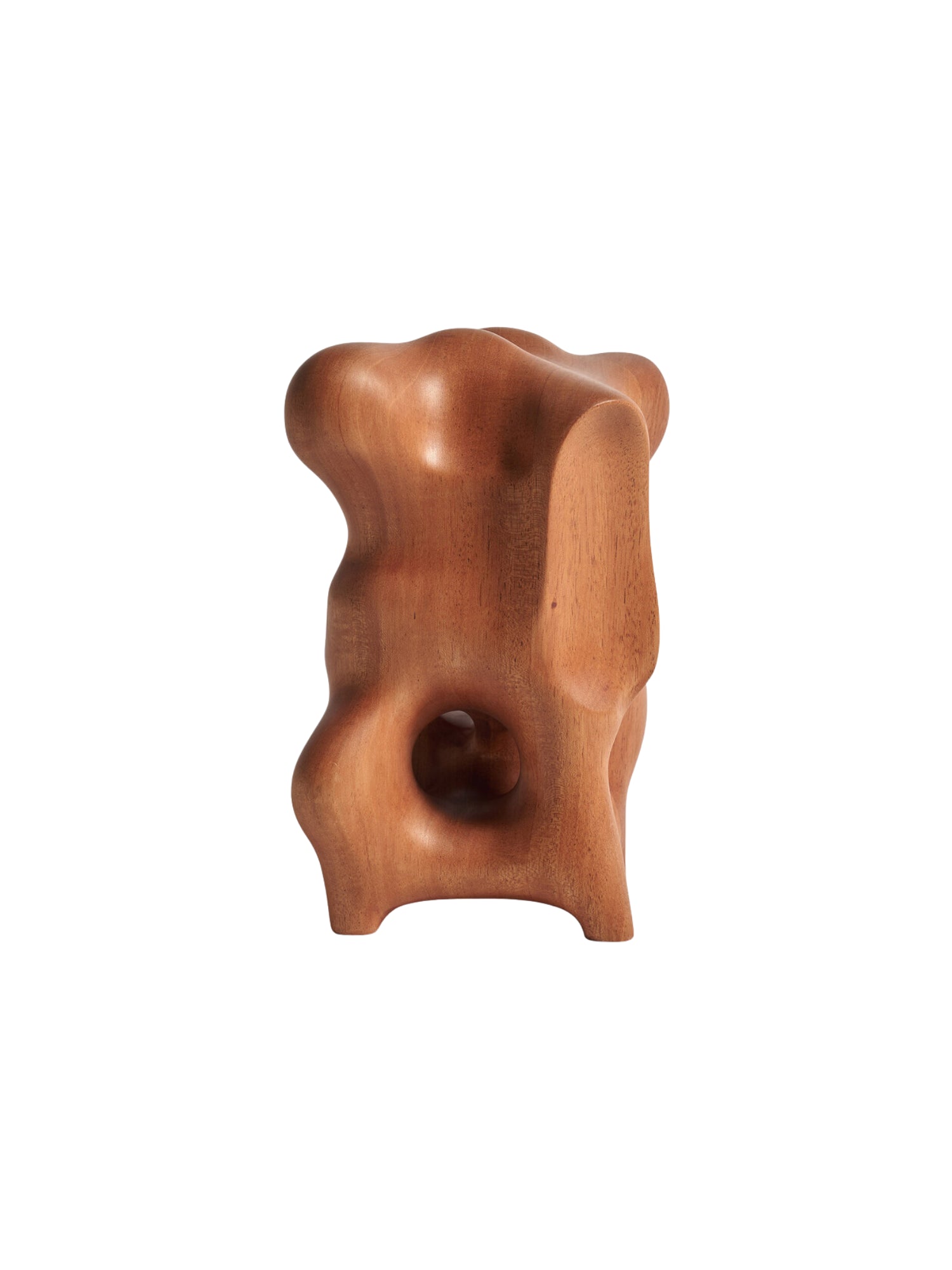 Ethnicraft Natural Organic Sculpture, a modern abstract piece crafted from light brown mahogany wood, featuring fluid, organic shapes and a smooth, polished finish, presented on a white background.