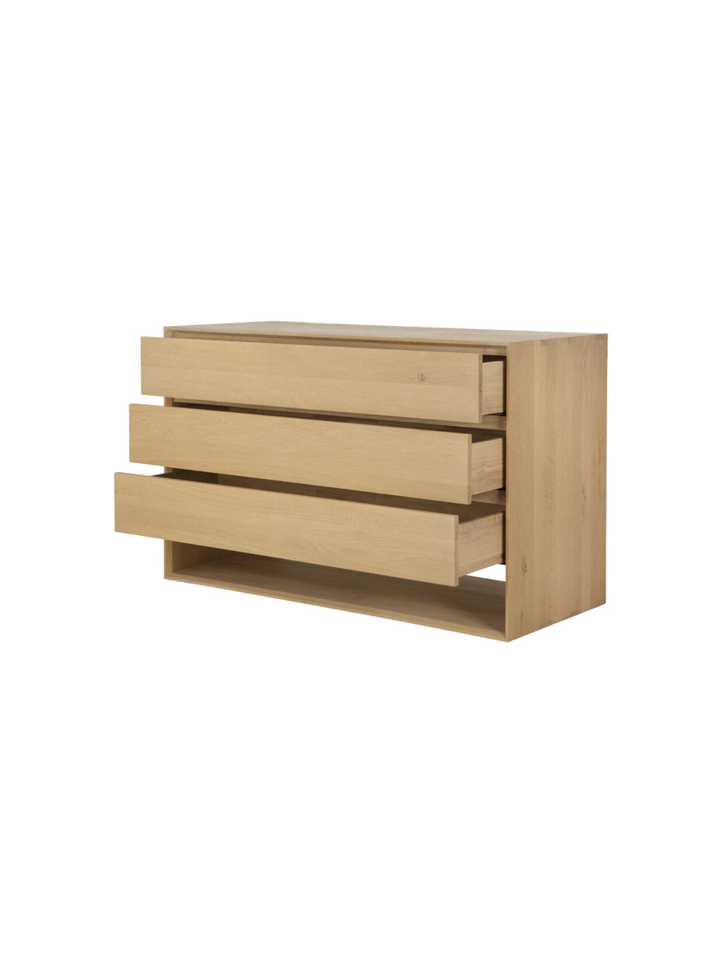 Ethnicraft Nordic Dresser in light oak, featuring three open drawers revealing the spacious interior and sleek, modern design, presented on a clean white background.