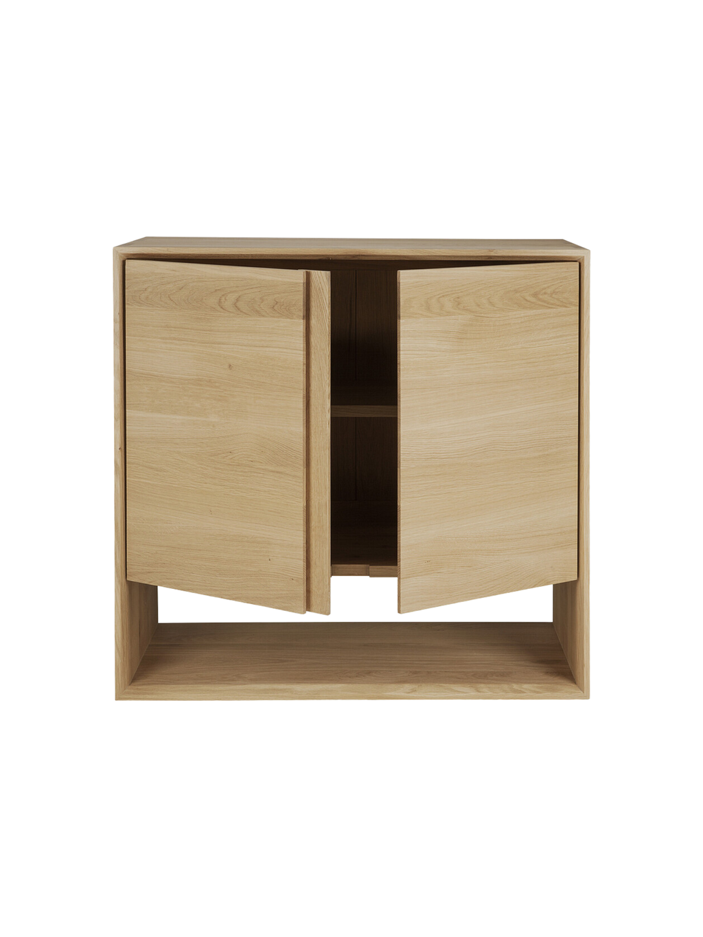 Ethnicraft Nordic Sideboard 80cm, a compact and stylish storage solution in natural oak wood, with two cabinet doors slightly ajar revealing interior shelving, on a white background.