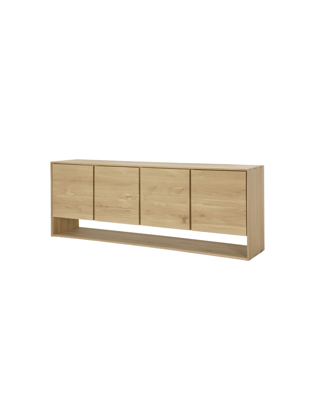 Ethnicraft Nordic Sideboard, a full front view of the closed elegant light oak wood cabinet, highlighting its clean lines and minimalist design, perfect for modern living spaces, on a white background.