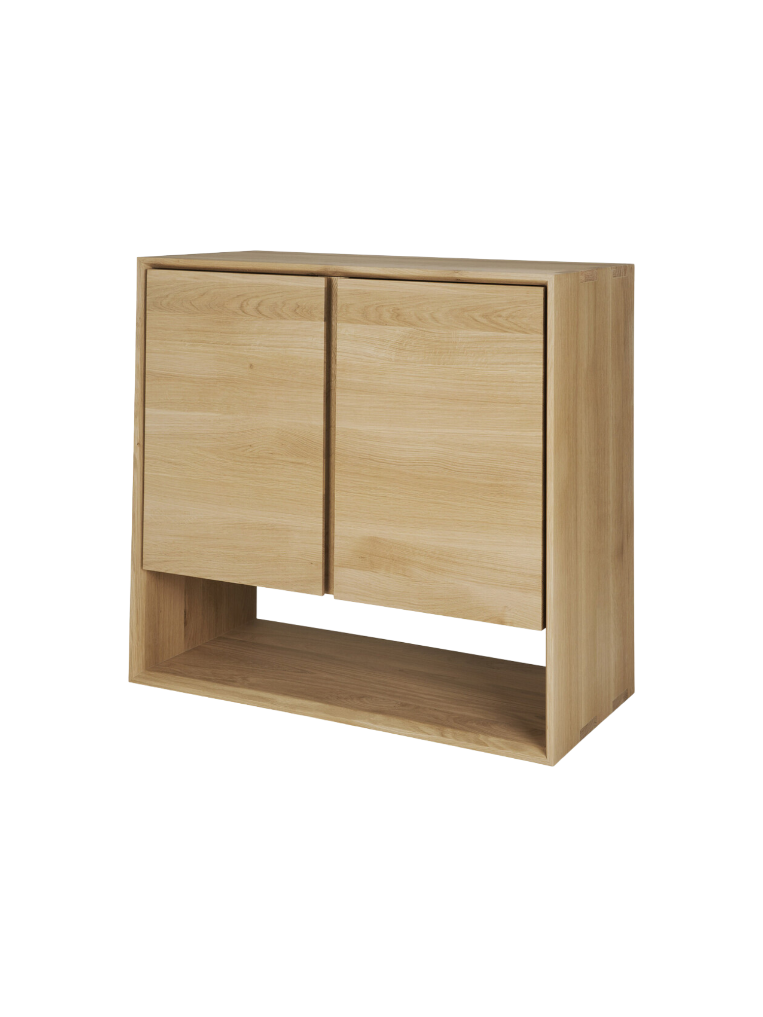 Ethnicraft Nordic Sideboard, a modern and elegant piece made from natural oak wood, showcasing two closed cabinet doors and an open lower shelf, displayed on a white background.