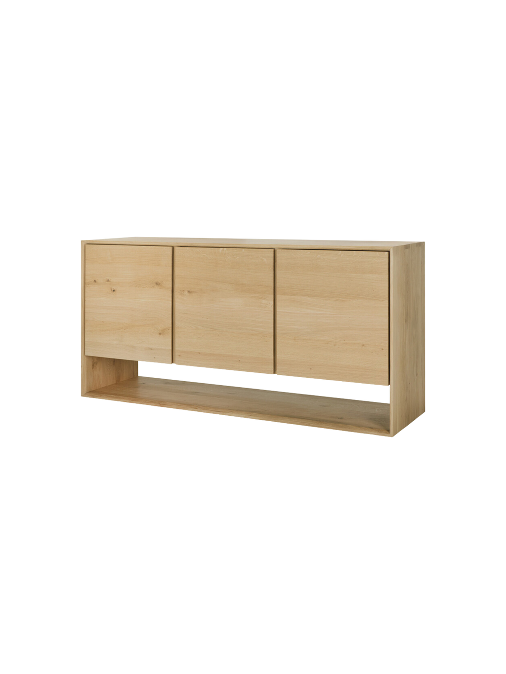 Ethnicraft Nordic Sideboard, a premium and minimalist piece crafted from natural oak wood, showcasing three closed cabinet doors and a wide open lower shelf, on a white background.