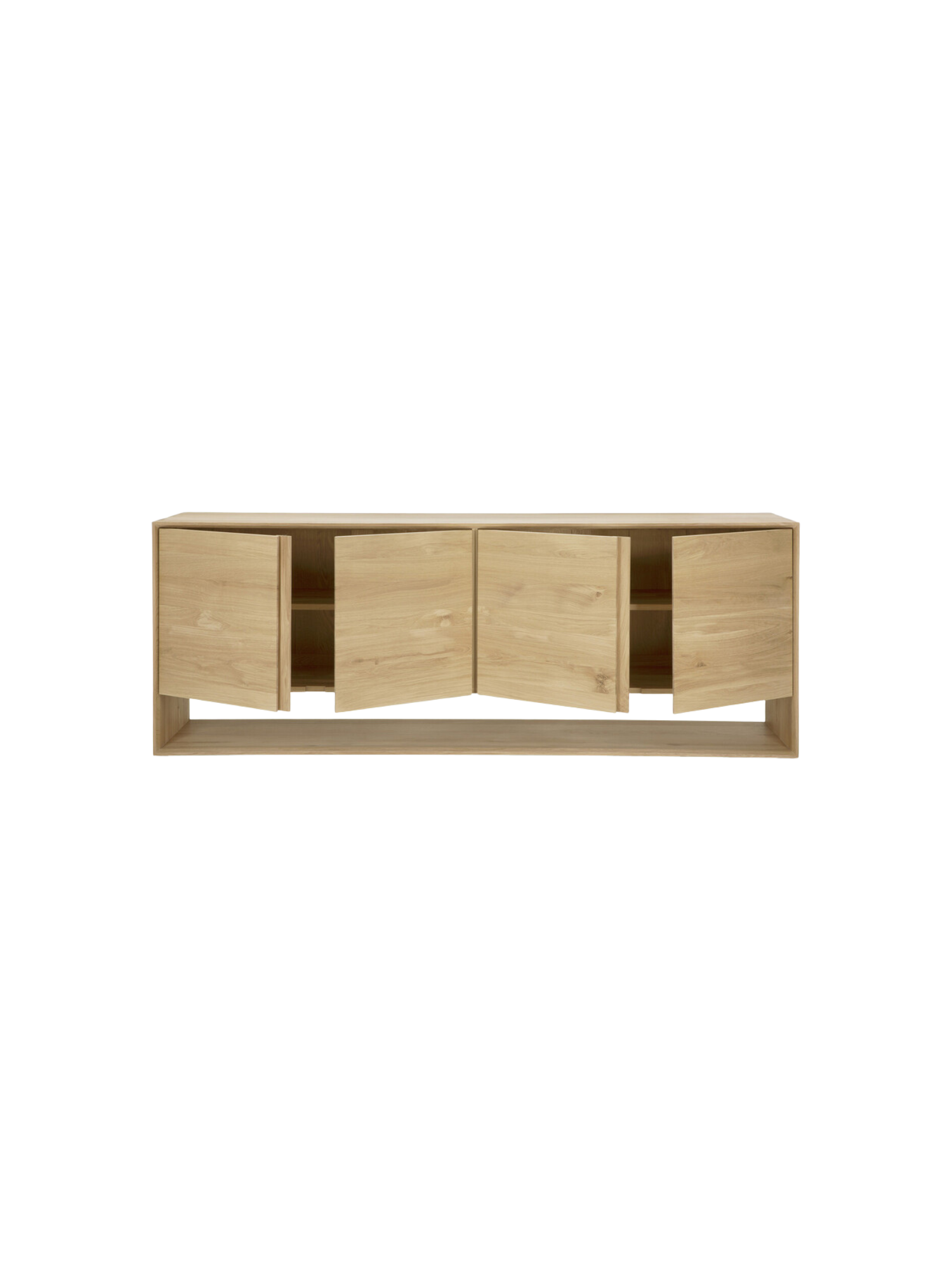 Ethnicraft Nordic Sideboard, a full front view with all four doors open, revealing the spacious interior compartments and shelves of the elegant light oak wood furniture, on a white background.