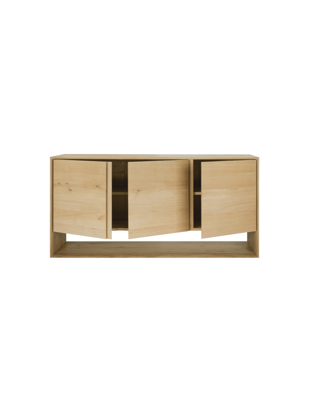 Ethnicraft Nordic Sideboard, a long and elegant design in light oak wood, featuring three cabinet doors slightly open to reveal internal storage compartments, displayed on a white background.