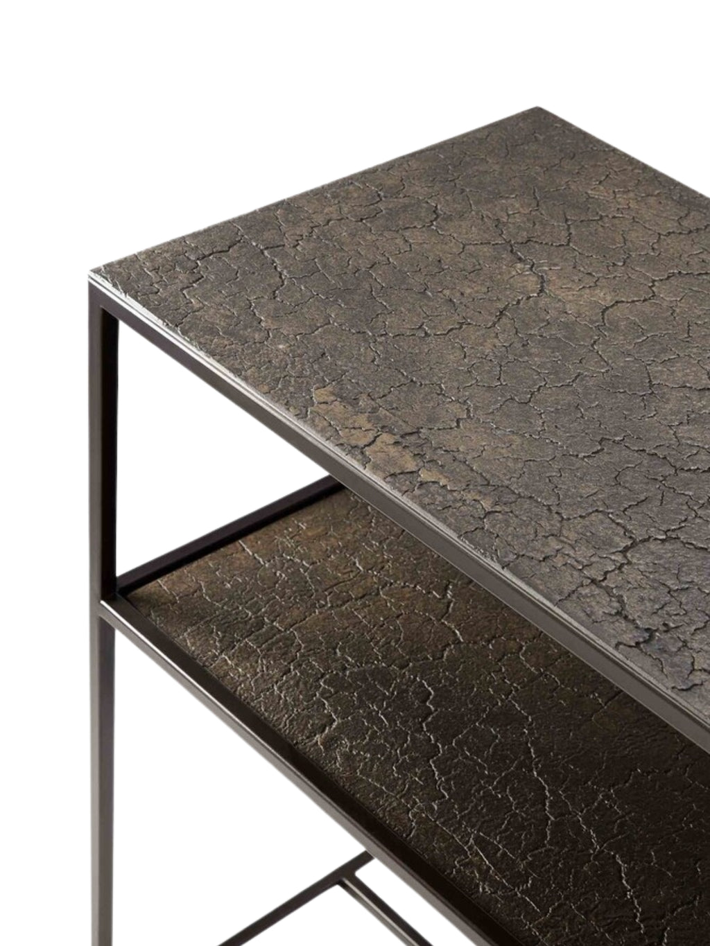 Ethnicraft Pentagon Console, a detailed view of the whisky-finished top surface, revealing its distinctive cracked, textured pattern and the sturdy black metal frame, on a white background.