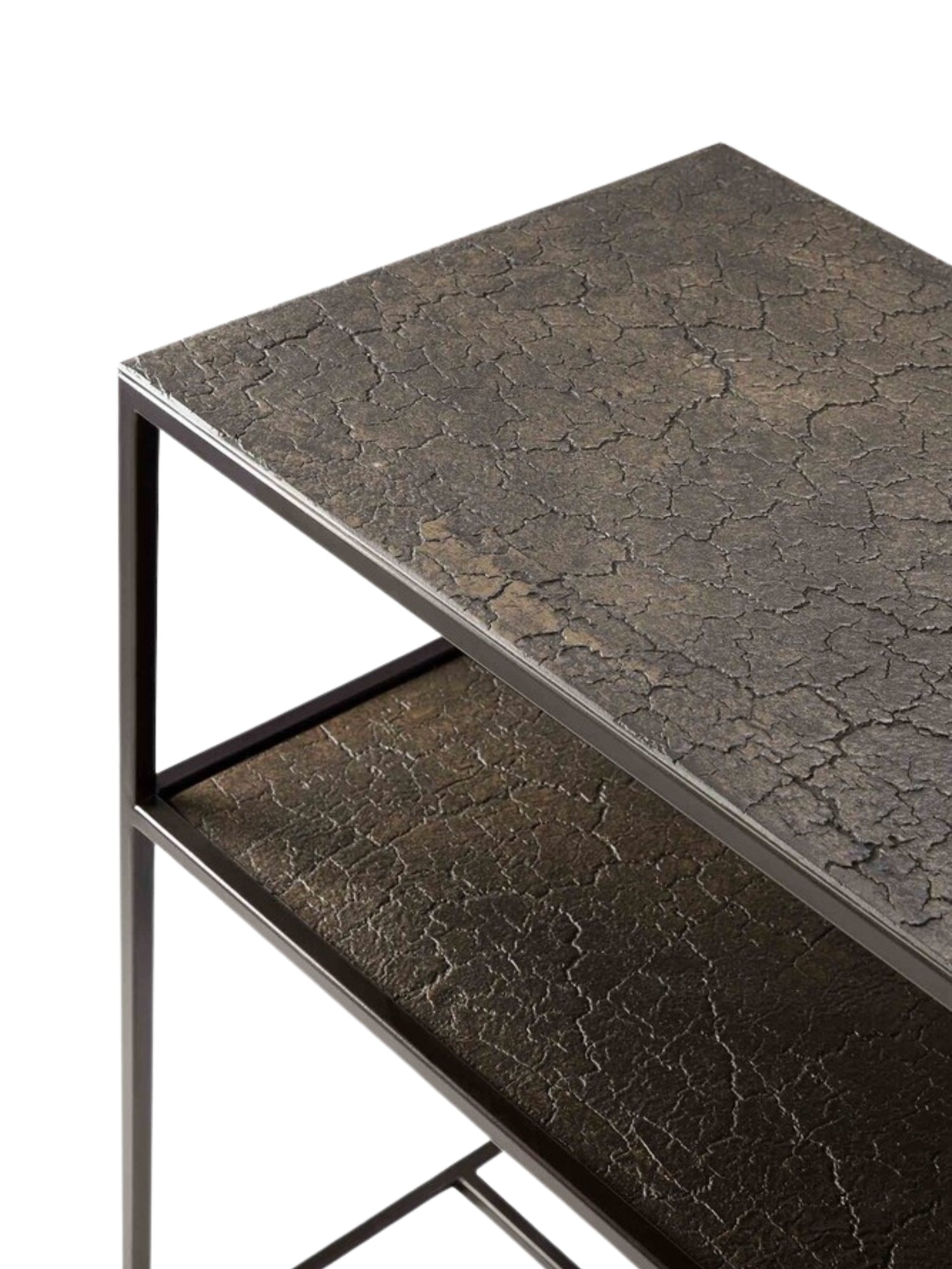 Ethnicraft Pentagon Console, a detailed view of the whisky-finished top surface, revealing its distinctive cracked, textured pattern and the sturdy black metal frame, on a white background.