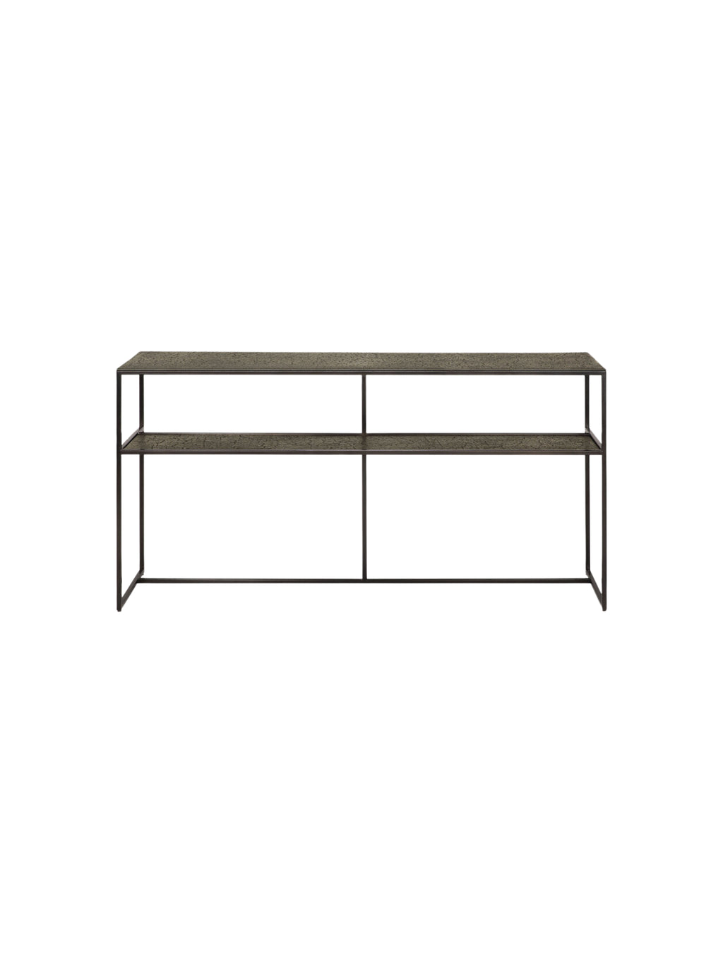 Ethnicraft Pentagon Console in whisky finish, a modern and sophisticated console table with a unique textured surface and sleek black metal frame, displayed on a clean white background.