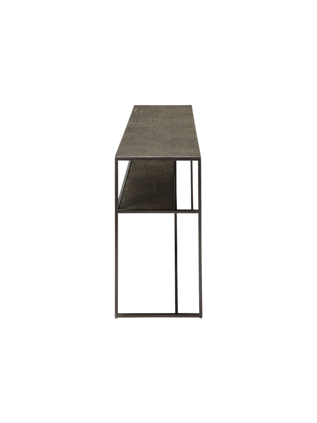 Ethnicraft Pentagon Console in Whisky finish, showcasing its unique dark brown, textured surface and sleek, modern metal frame. The elegant console is displayed on a clean white background, highlighting its contemporary design.