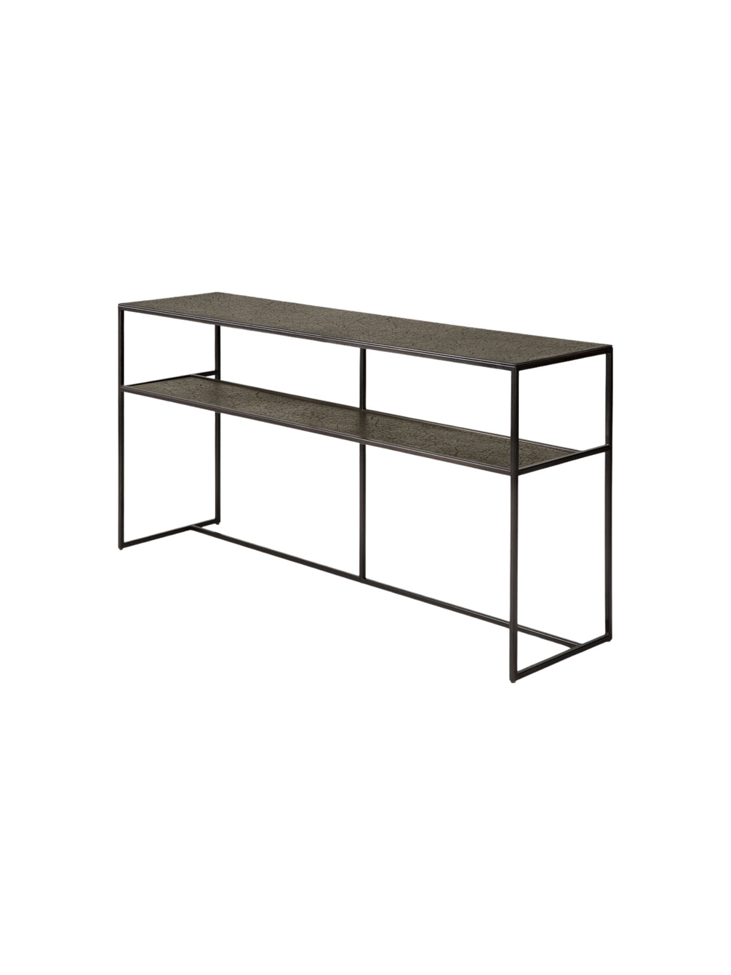 Ethnicraft Pentagon Console in Whisky finish, featuring a long, narrow silhouette with two dark, textured shelves and a minimalist black metal frame. This modern console is presented on a crisp white background.