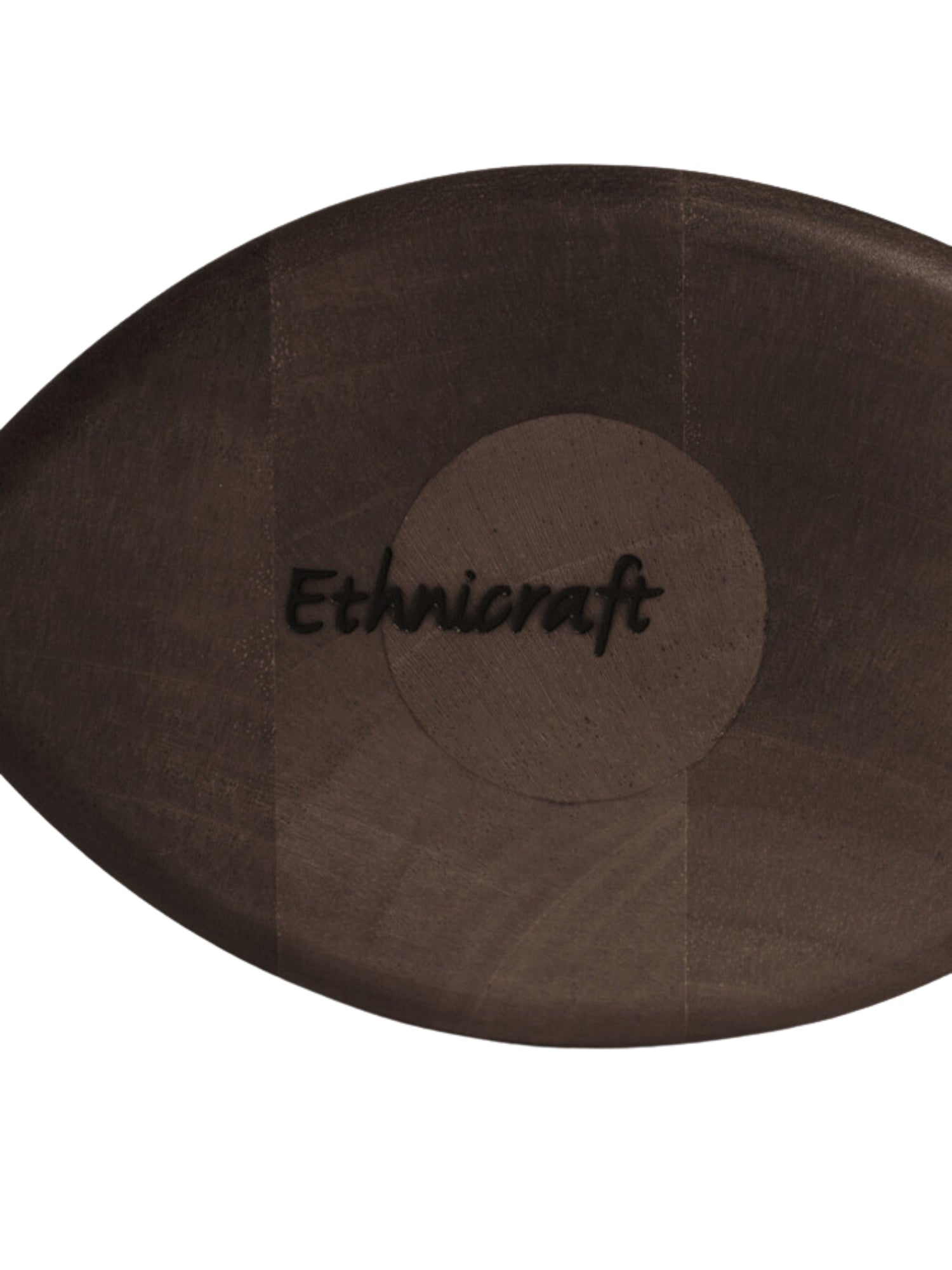 Ethnicraft PI Bookends in Mahogany Dark Brown, a detailed shot of the base, revealing the subtle Ethnicraft branding and the deep, rich brown color of the premium wood, on a white background.