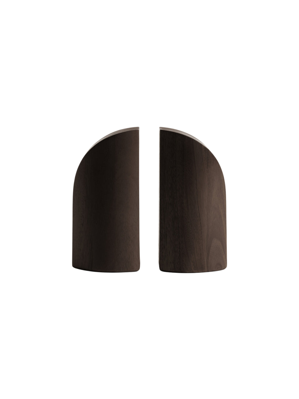 Ethnicraft PI Bookends in Mahogany Dark Brown, a pair of contemporary, dark brown wooden bookends with a distinctive curved silhouette and smooth, polished surface, displayed on a white background.