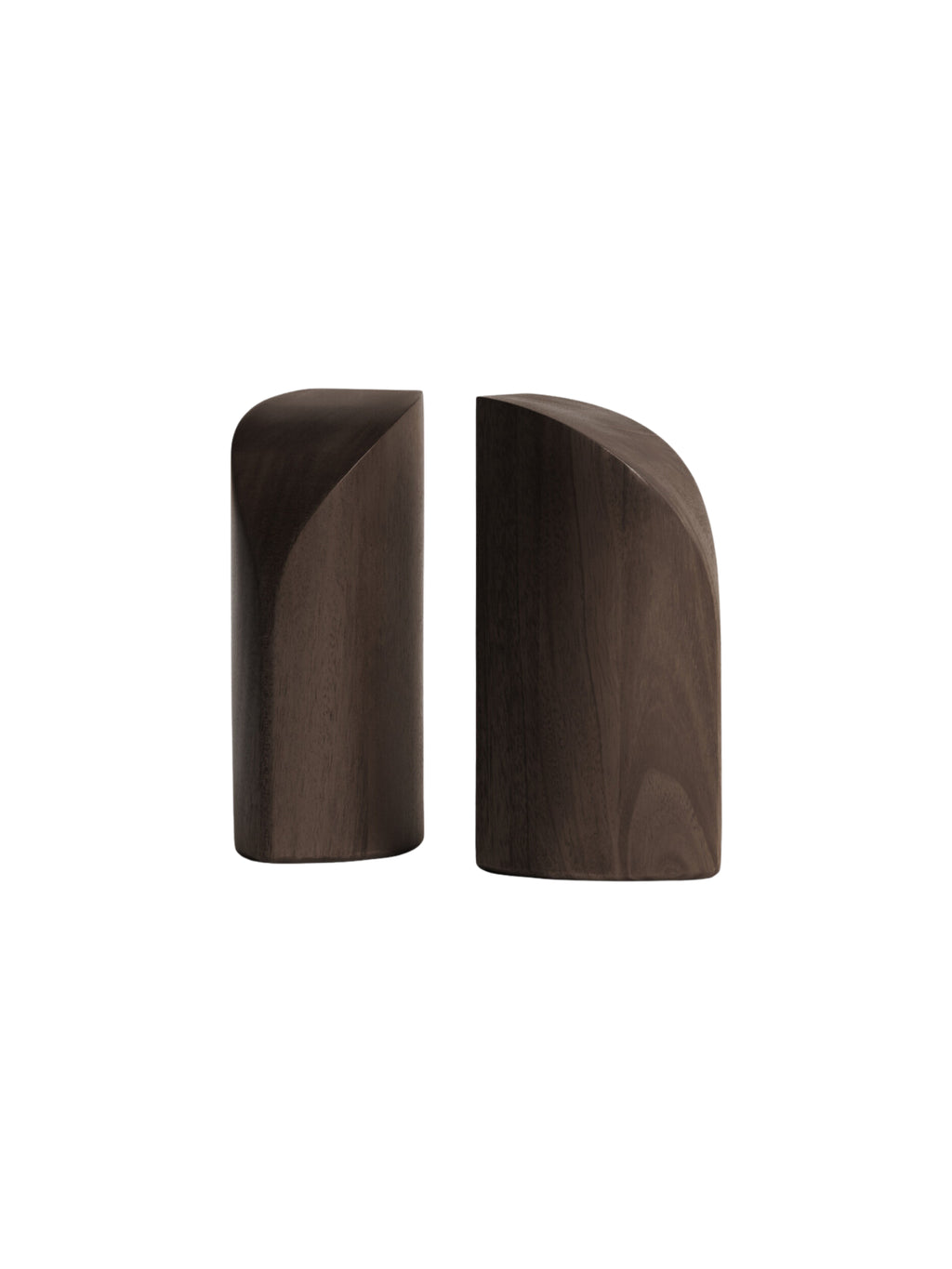 Ethnicraft PI Bookends in Mahogany Dark Brown, a pair of sophisticated, dark brown wooden bookends with a sleek, minimalist design and subtle grain, presented on a clean white background.
