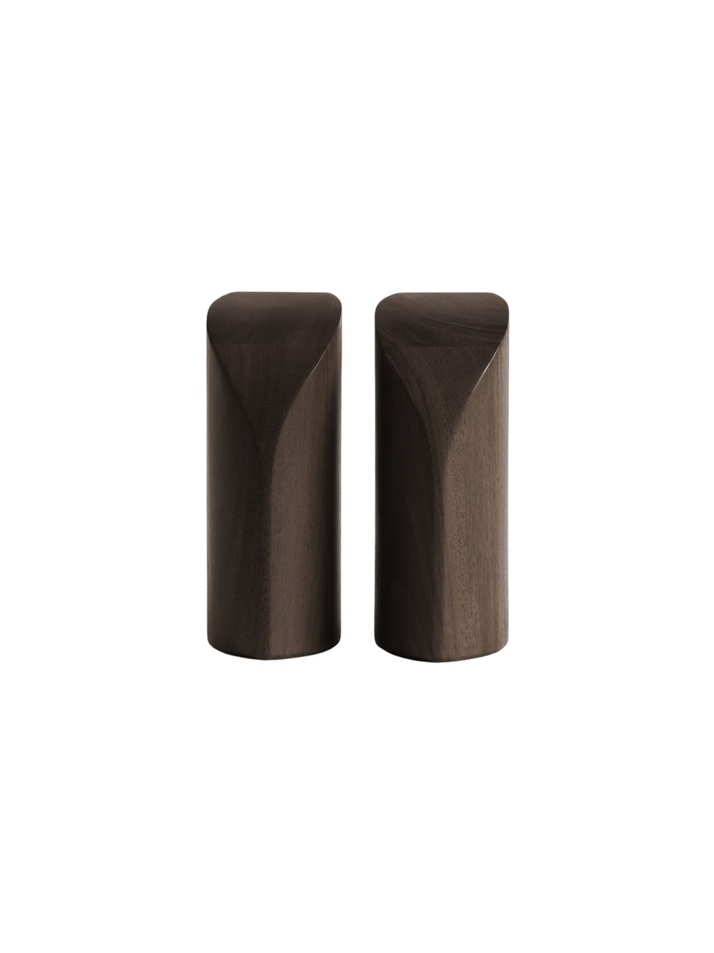 Ethnicraft PI Bookends in Mahogany Dark Brown, a pair of elegant, dark wooden bookends with a rich, deep brown hue and smooth finish, featuring a unique curved design, displayed on a white background.
