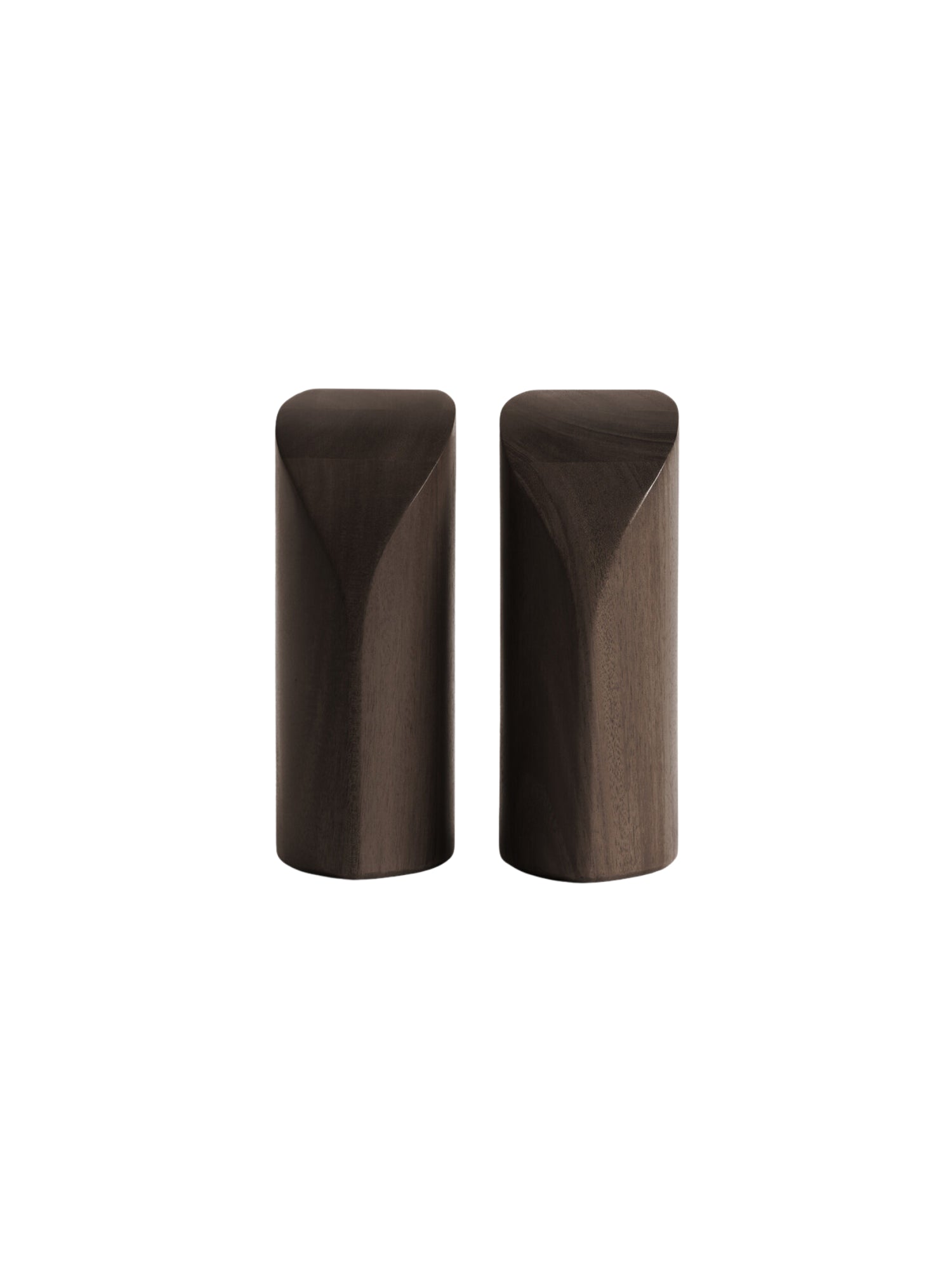 Ethnicraft PI Bookends in Mahogany Dark Brown, a pair of elegant, dark wooden bookends with a rich, deep brown hue and smooth finish, featuring a unique curved design, displayed on a white background.