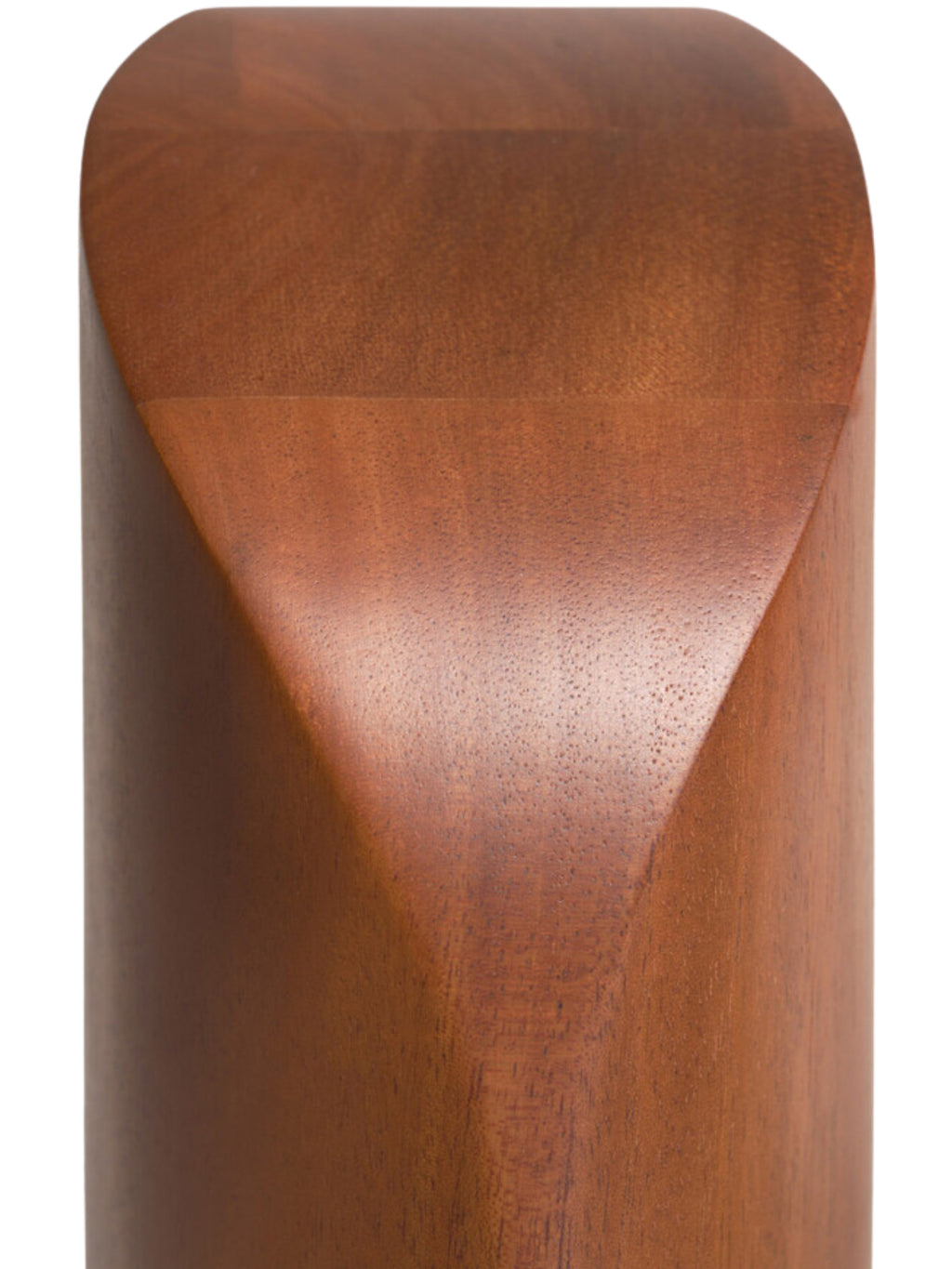 Ethnicraft PI Bookends, mahogany wood, close-up detail showcasing the rich, warm brown grain and smooth, curved, modern design on a white background.