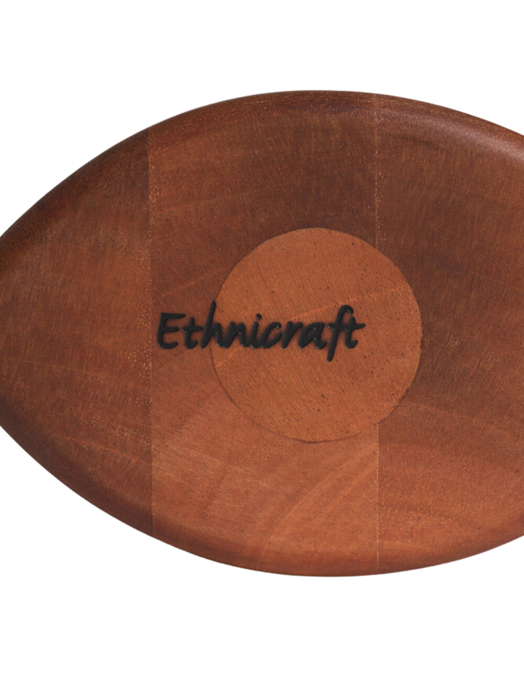 Ethnicraft PI Bookends in Mahogany, a close-up of the base, showcasing the distinctive brand logo and the warm, reddish-brown tones of the polished mahogany wood, presented on a white background.