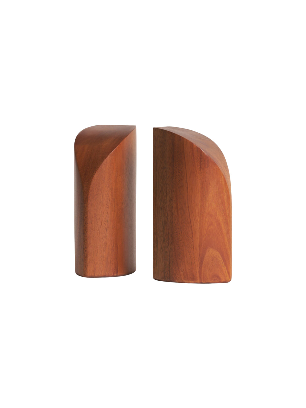 Ethnicraft PI Bookends, mahogany wood, side view of the pair, showcasing their sleek, minimalist, and modern design with a warm brown finish on a white background.