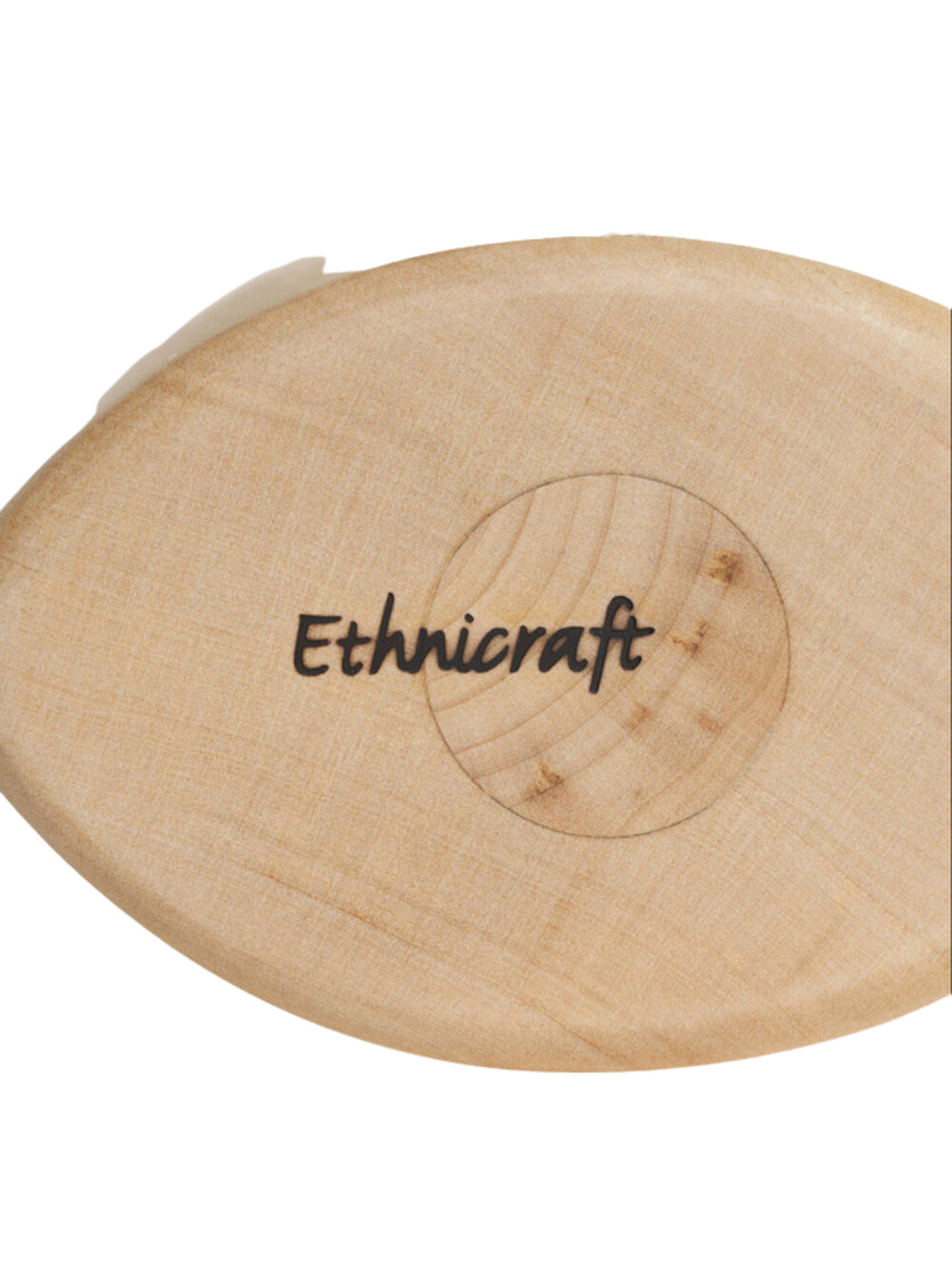 Ethnicraft PI Bookends in Sycamore wood, a close-up of the base revealing the subtle brand engraving and the smooth, light wooden texture, presented on a crisp white background.