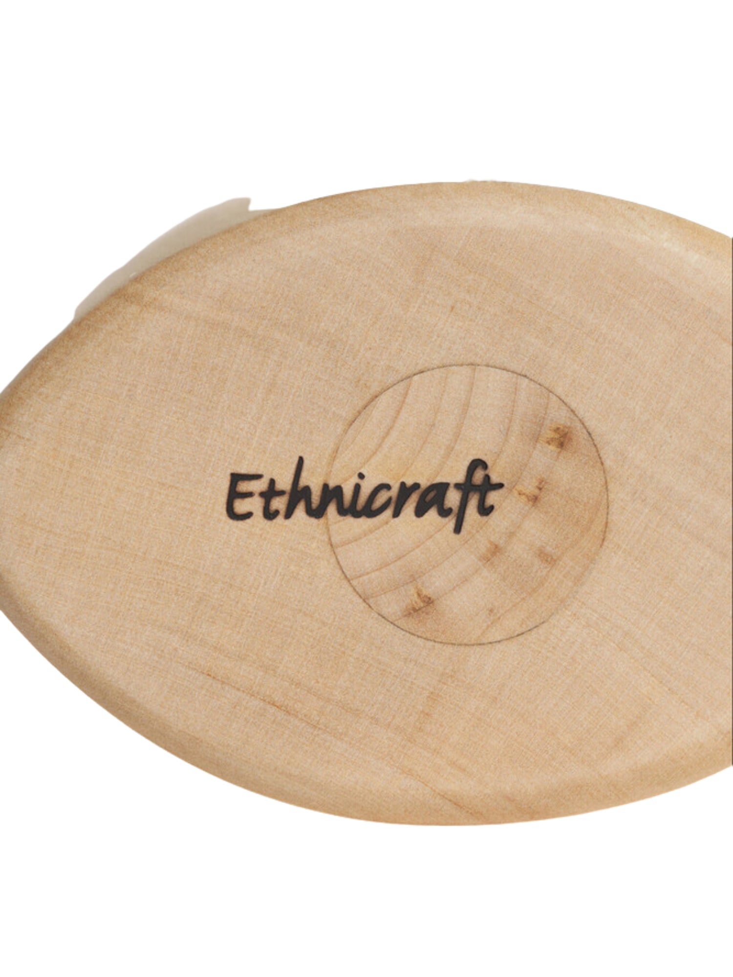 Ethnicraft PI Bookends in Sycamore wood, a close-up of the base revealing the subtle brand engraving and the smooth, light wooden texture, presented on a crisp white background.
