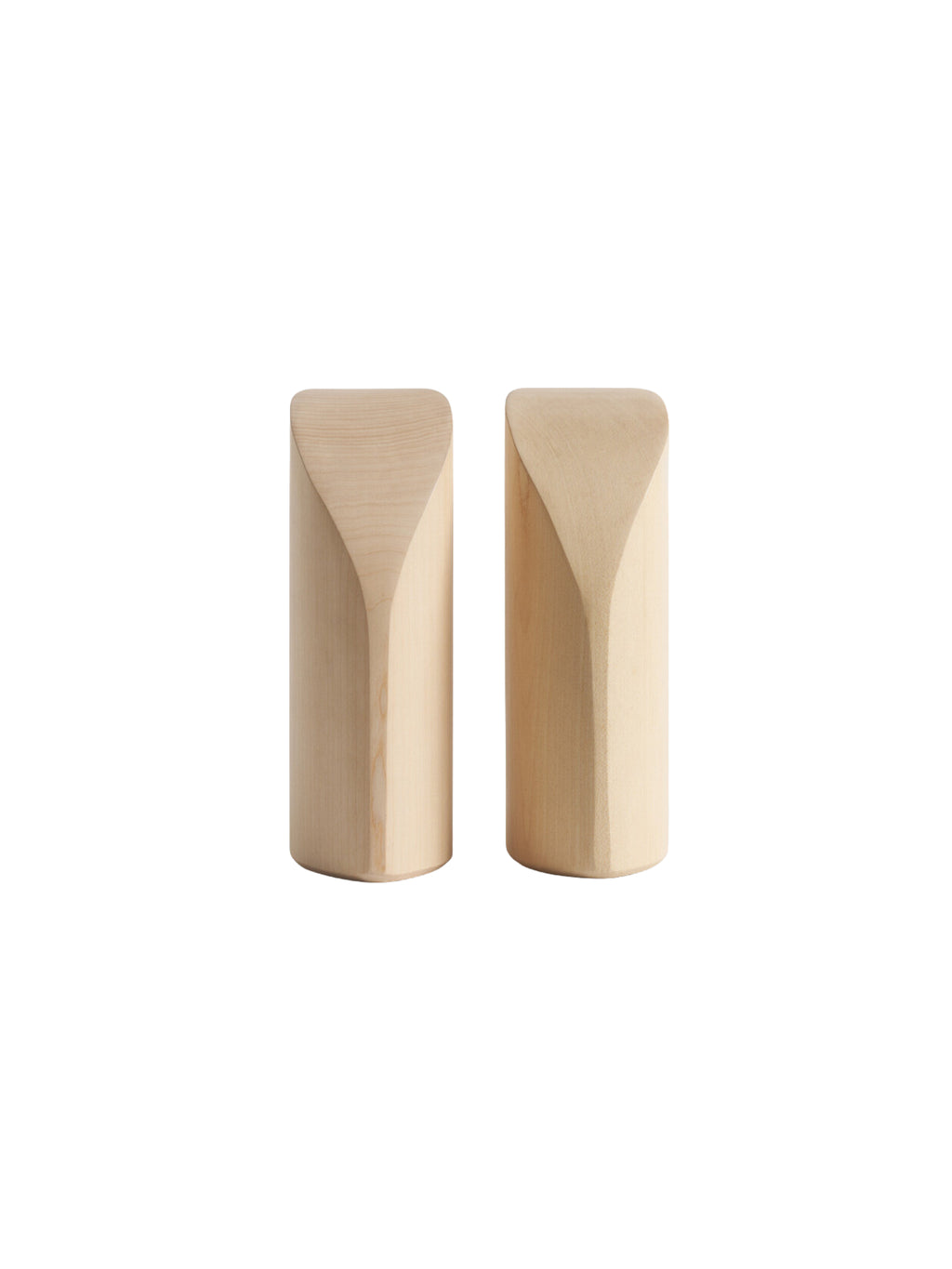 Ethnicraft PI Bookends, a pair of elegant, light sycamore wooden bookends, each featuring a unique, subtly curved top edge and smooth, natural wood grain, presented on a white background.