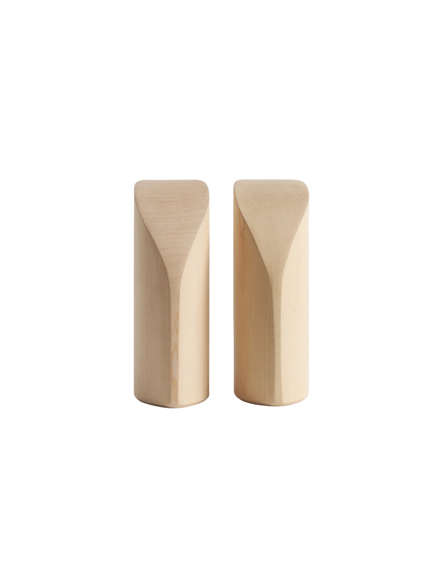Ethnicraft PI Bookends, a pair of elegant, light sycamore wooden bookends, each featuring a unique, subtly curved top edge and smooth, natural wood grain, presented on a white background.
