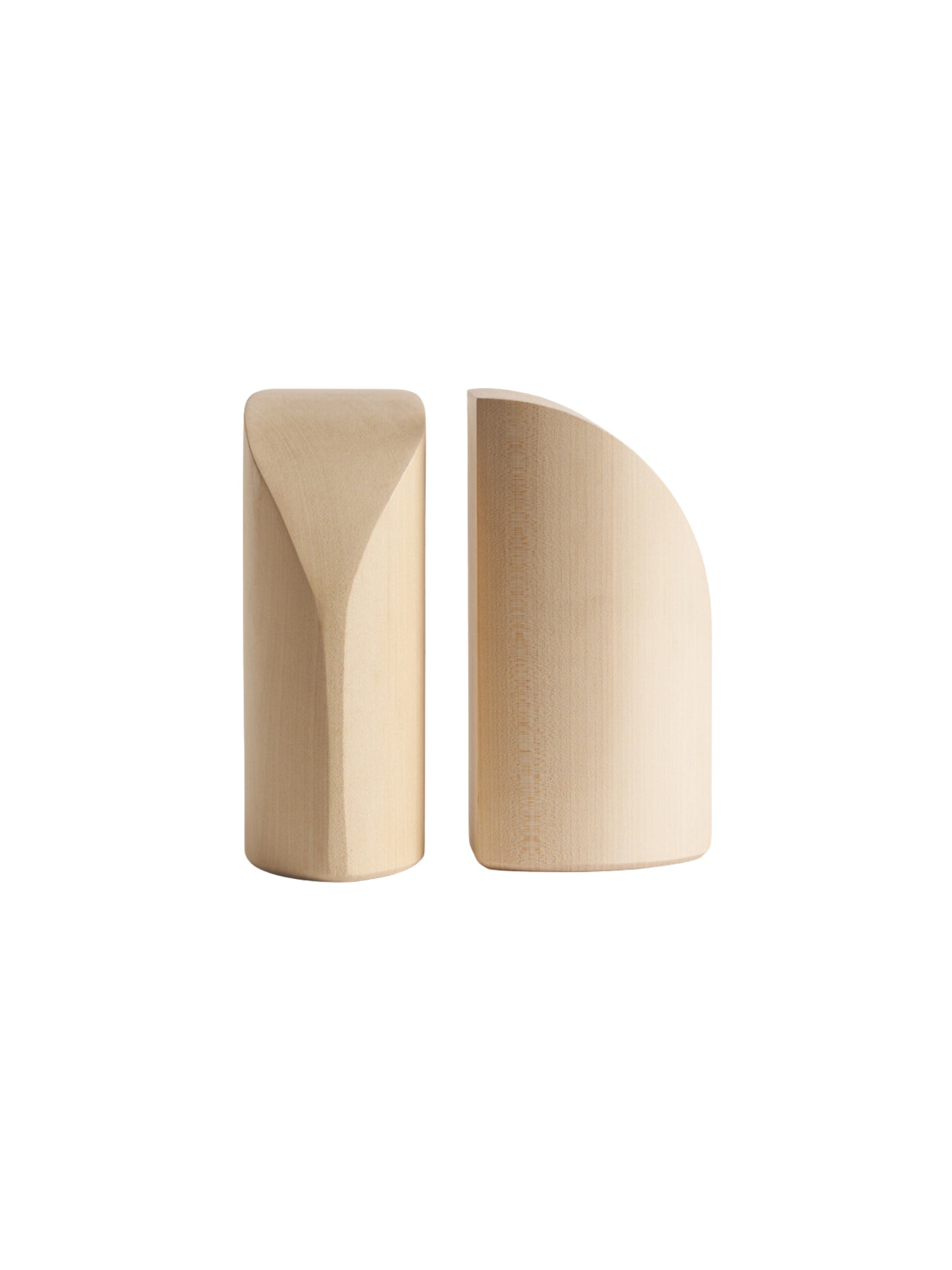 Ethnicraft PI Bookends, a pair of minimalist, light sycamore wooden bookends with one straight and one curved edge, showcasing their smooth, natural grain, displayed on a white background.