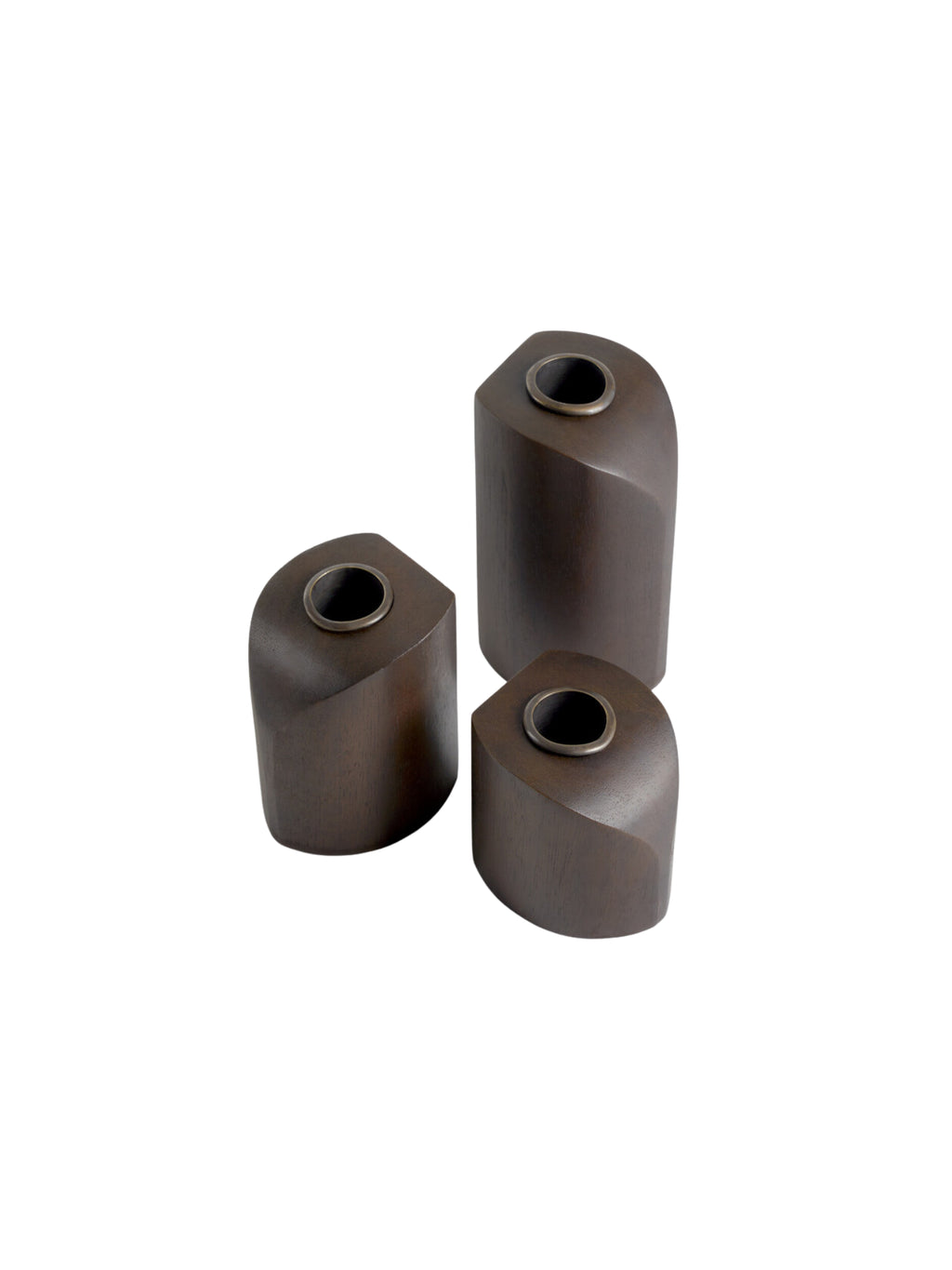 Ethnicraft PI Candle Holders - Set of 3, dark brown mahogany wood, top-down view, showcasing the varying heights and elegant, faceted design with metal inserts on a white background.
