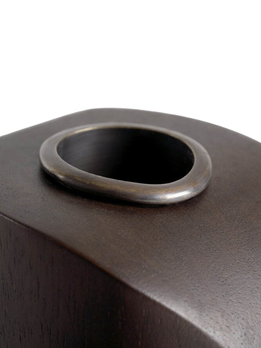 Ethnicraft PI Candle Holders - Set of 3. Detailed top-down view of a single dark brown mahogany candle holder, showcasing the elegant, slightly textured wood and the antique bronze-finished metal ring for the candle, on a white background.