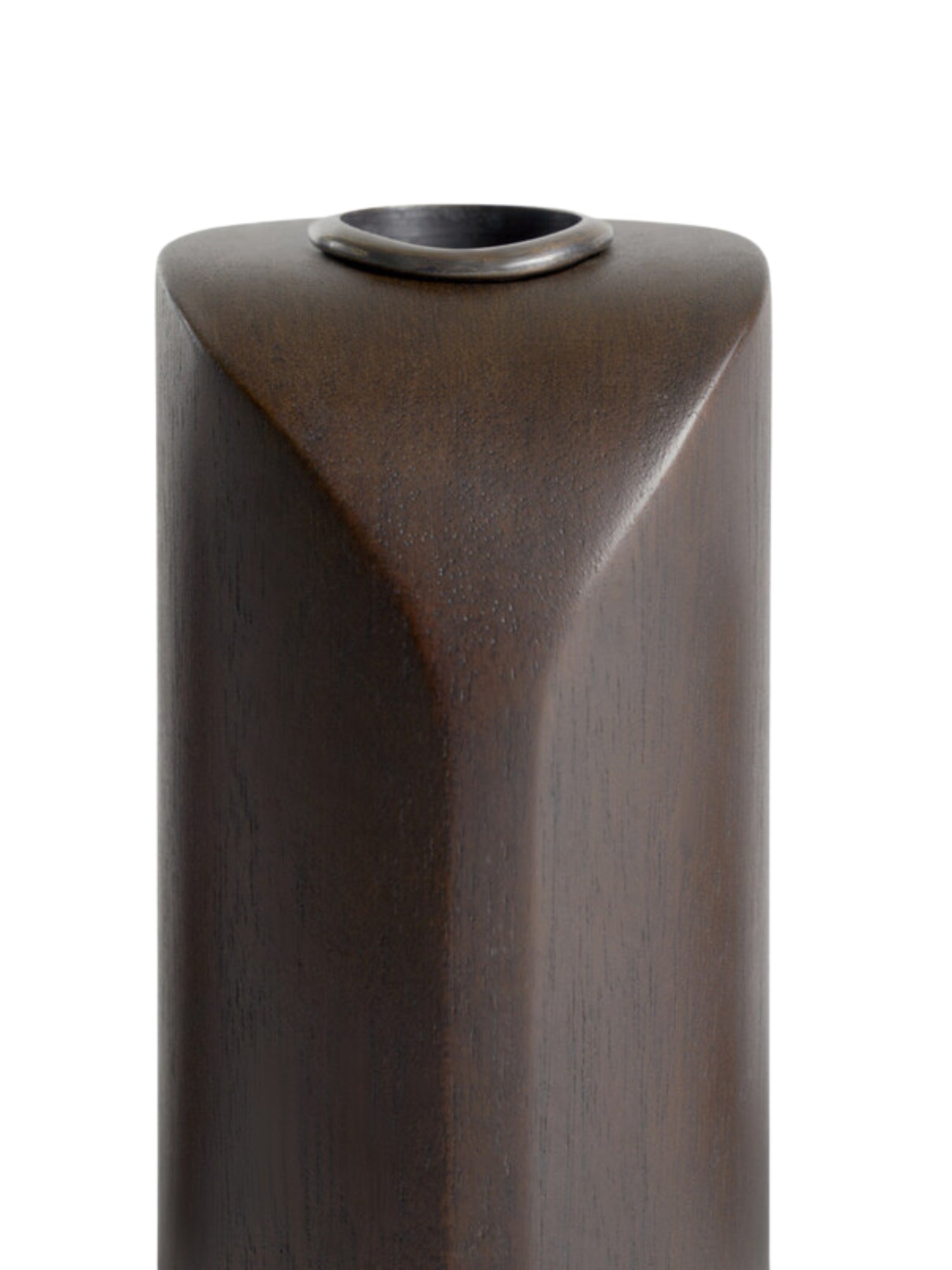 Ethnicraft PI Candle Holders - Set of 3. Close-up of a single dark brown mahogany candle holder with a smooth, rich wood grain and a subtle metallic ring at the top, displayed on a clean white background.