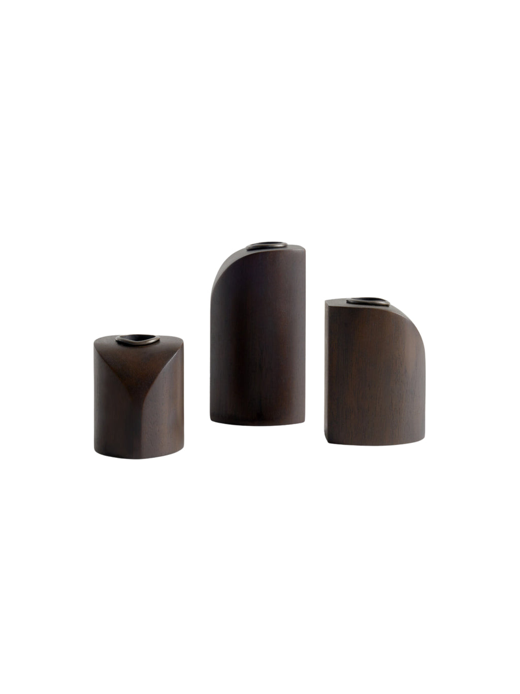 Ethnicraft PI Candle Holders - Set of 3, dark brown mahogany wood, side view, displaying the three distinct sizes and modern, geometric shapes with a smooth, rich finish on a white background.