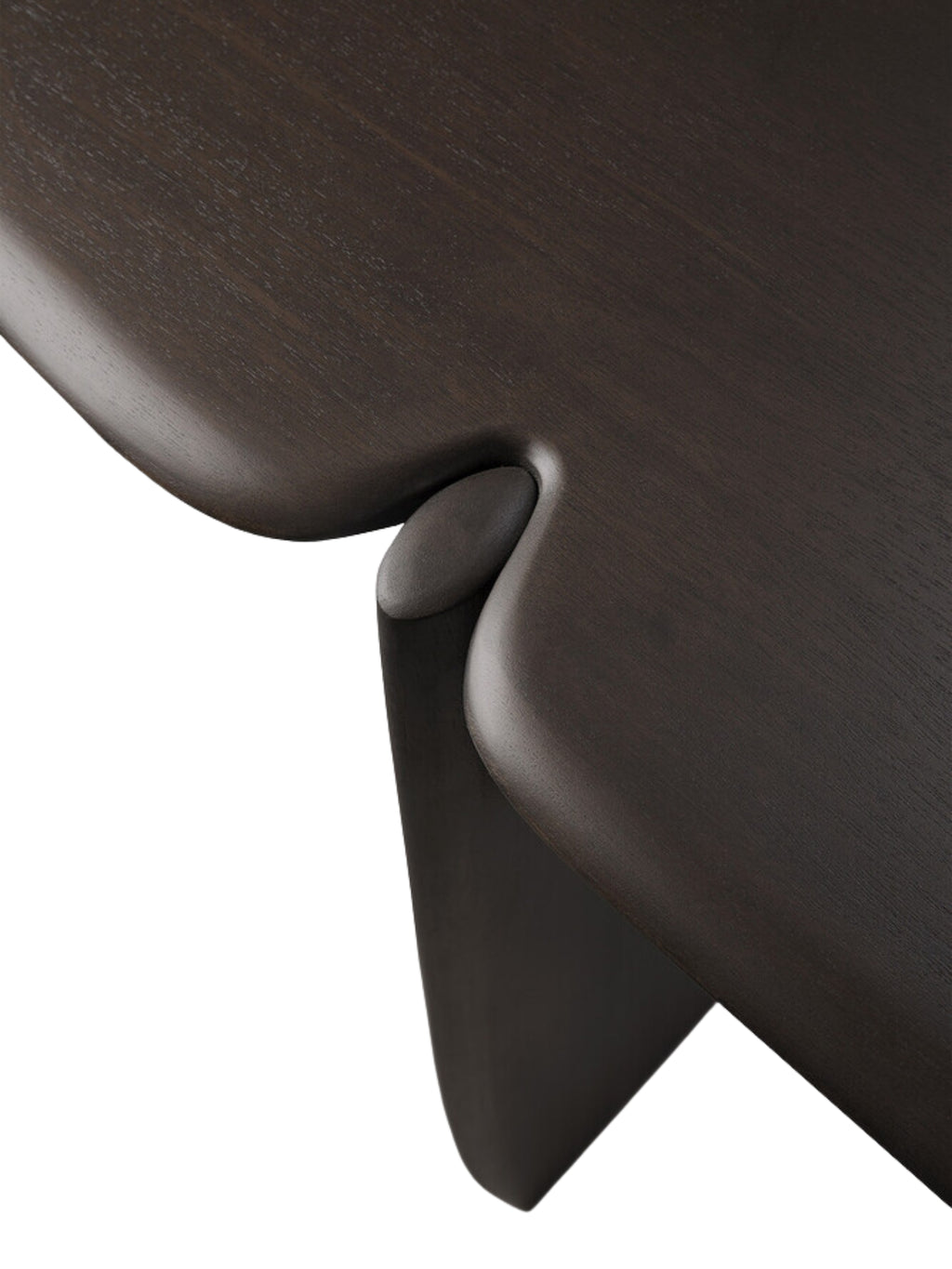 Ethnicraft PI Console, an intricate detail shot of the dark brown mahogany wood, emphasizing the premium craftsmanship and the subtle, elegant curve where the leg meets the tabletop.