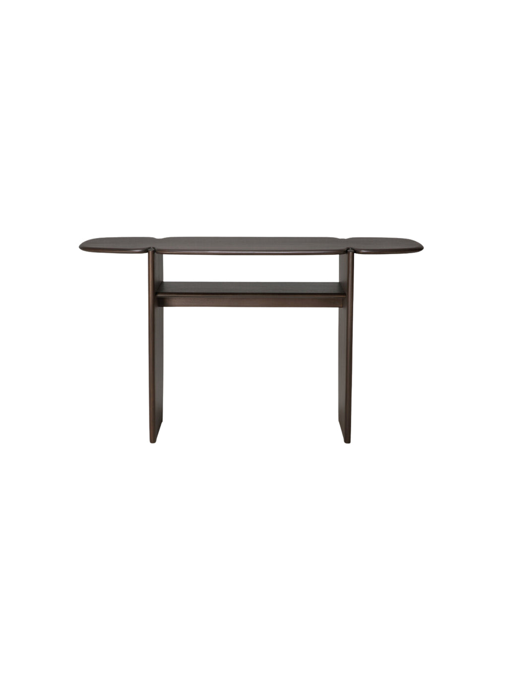 Ethnicraft PI Console, a modern and elegant piece crafted from dark brown mahogany wood, featuring a clean, symmetrical design with a functional lower shelf, displayed on a white background.