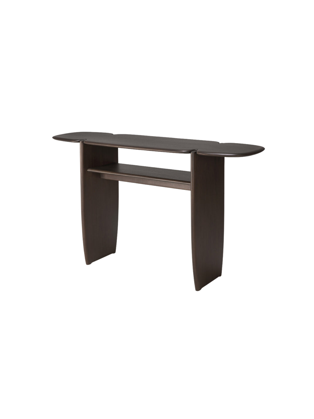 Ethnicraft PI Console in dark brown mahogany, viewed from the side, showcasing its rich, deep wood tone, elegant curved legs, and practical lower shelf, a sophisticated and modern design on a white background.
