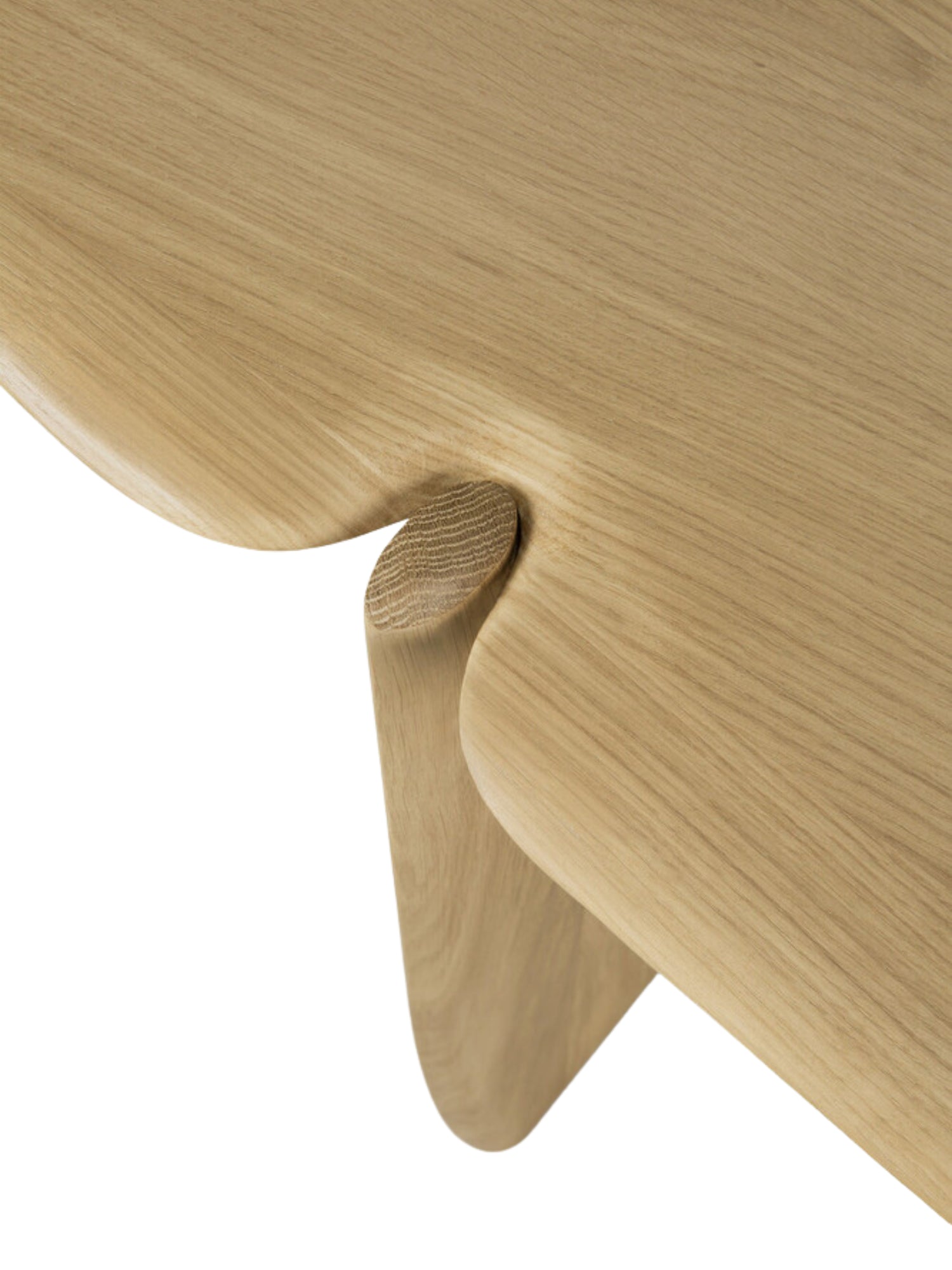 Ethnicraft PI Console in natural oak, a detailed view of the tabletop and leg connection, highlighting the organic curves and the seamless, elegant design of the light-colored, premium wood.