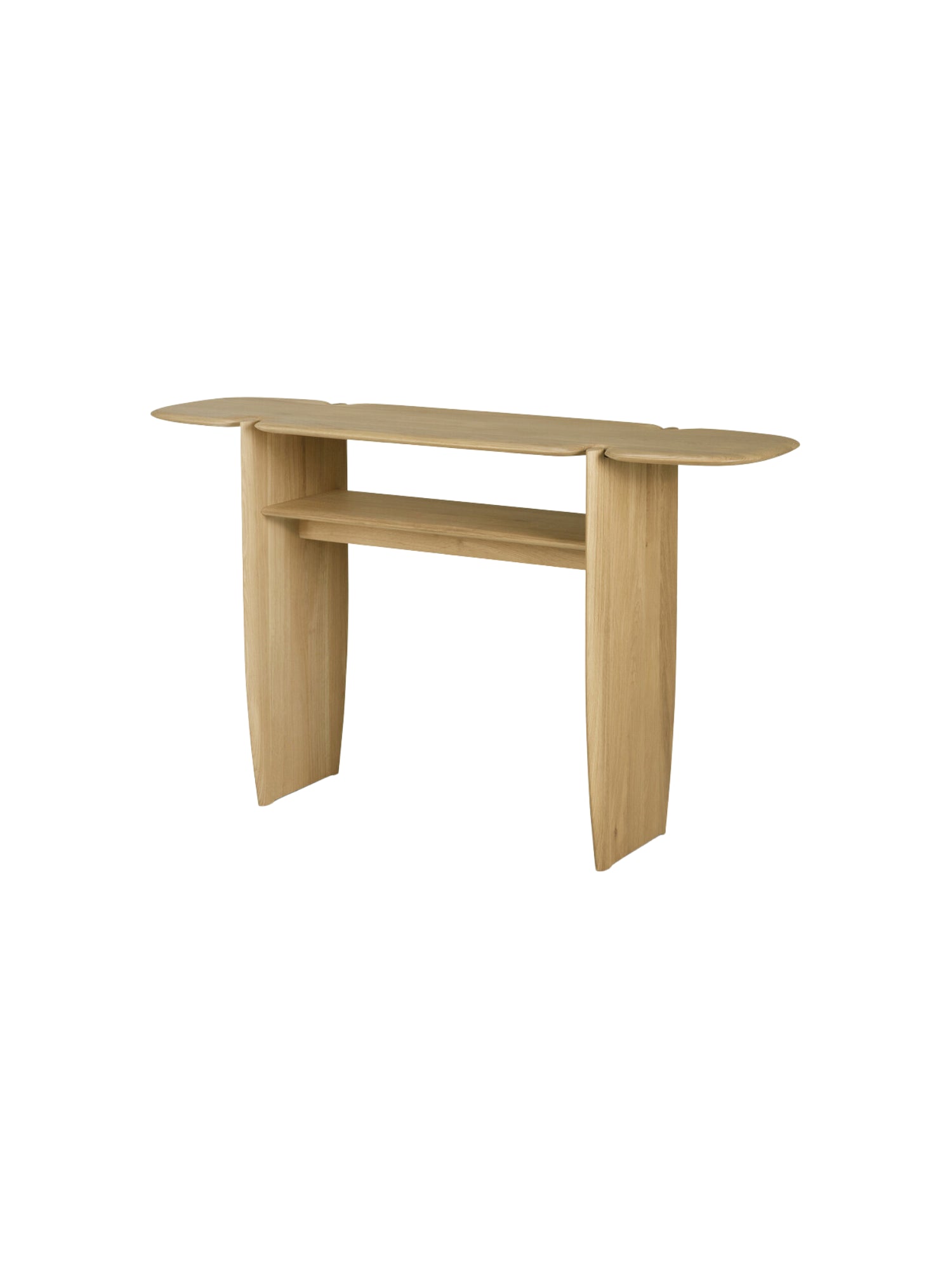 Ethnicraft PI Console in natural oak, viewed from the side, revealing its clean lines, light wood tone, and practical lower shelf, a modern and functional design displayed on a white background.