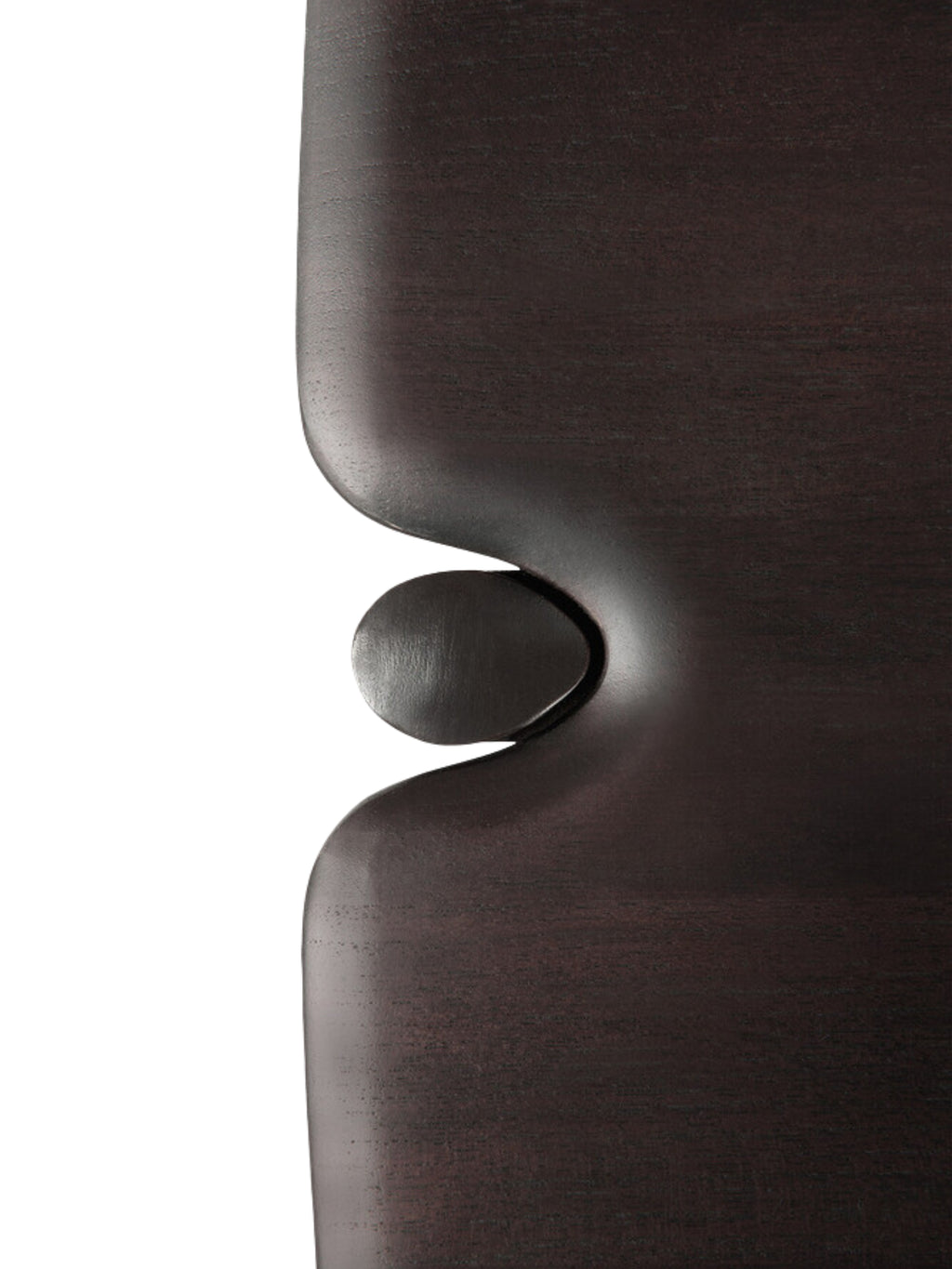 Ethnicraft PI Console in dark brown teak, a detailed close-up of the table's edge, showcasing the elegant, rounded design and the seamless integration of the leg into the tabletop, with a rich, dark wood texture.