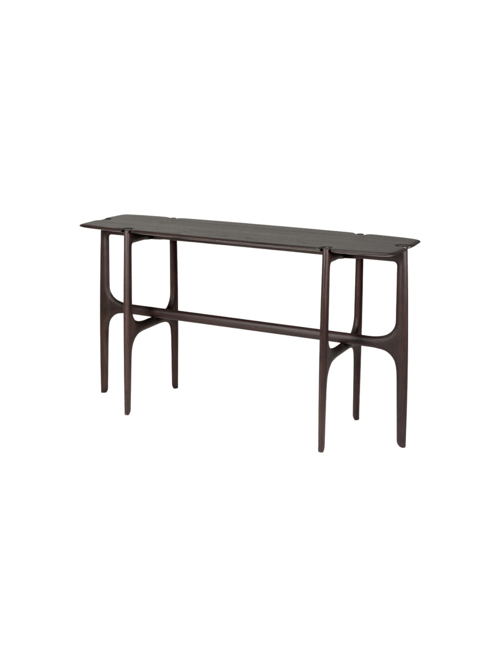 Ethnicraft PI Console, a long, slender dark brown teak wood console table, viewed from a side angle. The elegant design features gracefully curved legs and a minimalist top, showcasing the natural grain and rich tone of the premium wood on a white background.