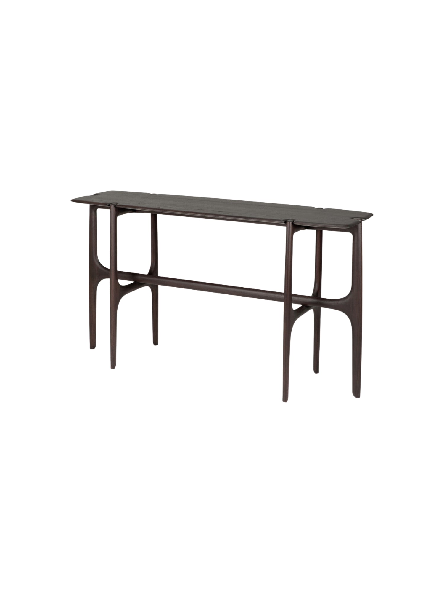 Ethnicraft PI Console, a long, slender dark brown teak wood console table, viewed from a side angle. The elegant design features gracefully curved legs and a minimalist top, showcasing the natural grain and rich tone of the premium wood on a white background.