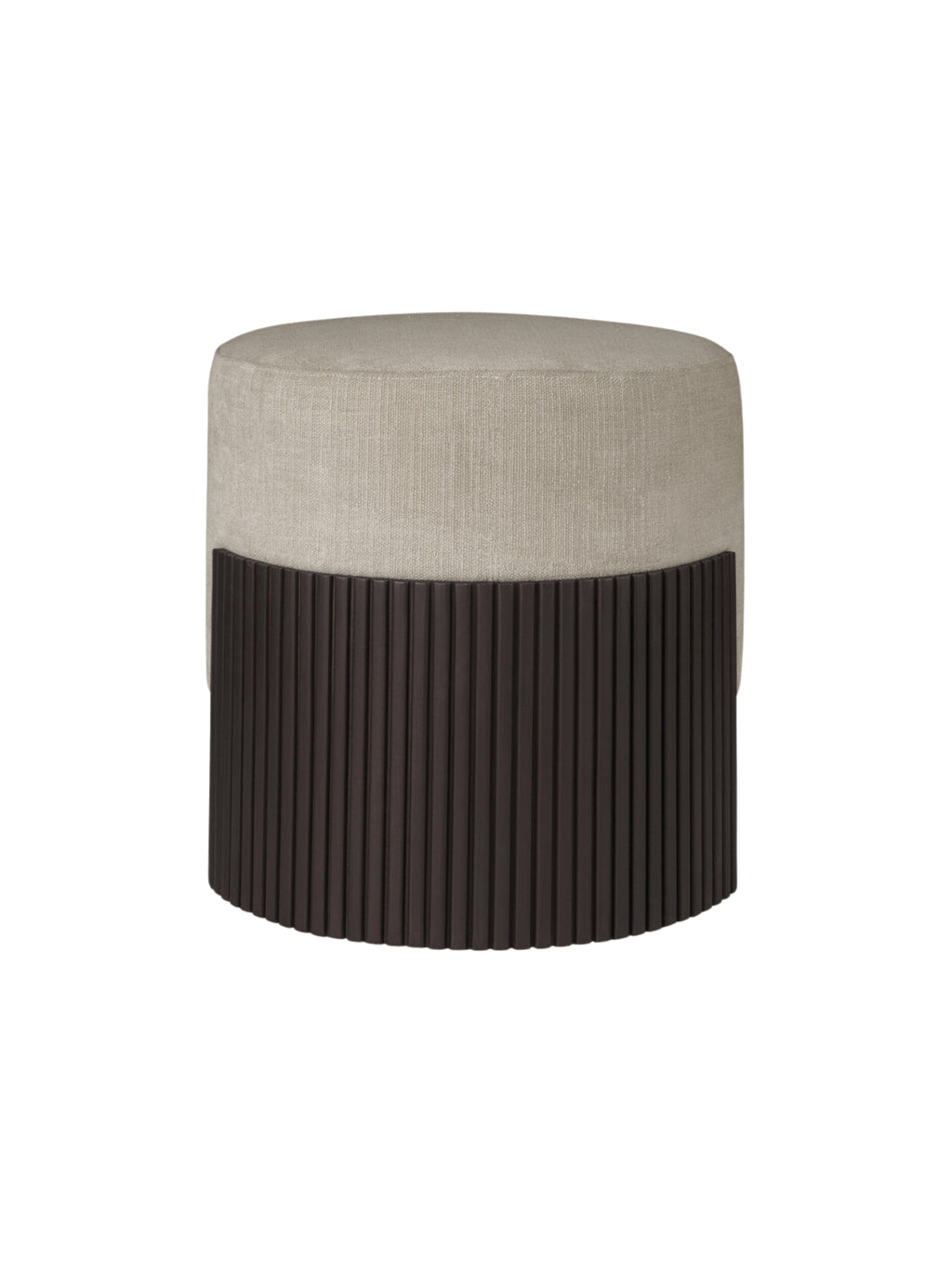 Ethnicraft Roller Max Pouf, 45cm tall, in mahogany and light beige. Back view highlighting the continuous, dark slatted wooden base and the plush, round upholstered top, displayed on white.
