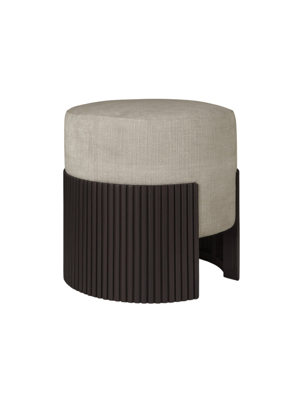 Ethnicraft Roller Max Pouf, 45cm tall, in mahogany and light beige. Side view highlighting the unique cut-out design of the slatted wooden base and the plush round top, on a white background.