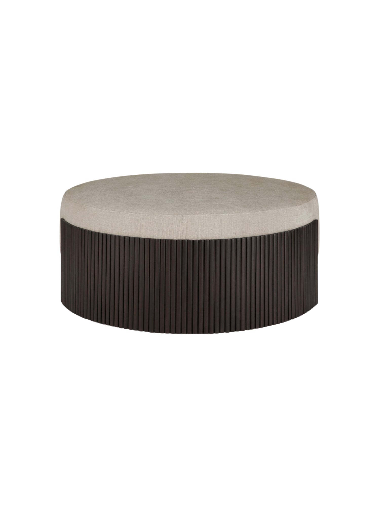 Ethnicraft Roller Max Pouf, 85cm wide, showcasing its elegant cylindrical design. The dark mahogany slatted base contrasts beautifully with the light beige upholstered top, on a white background.