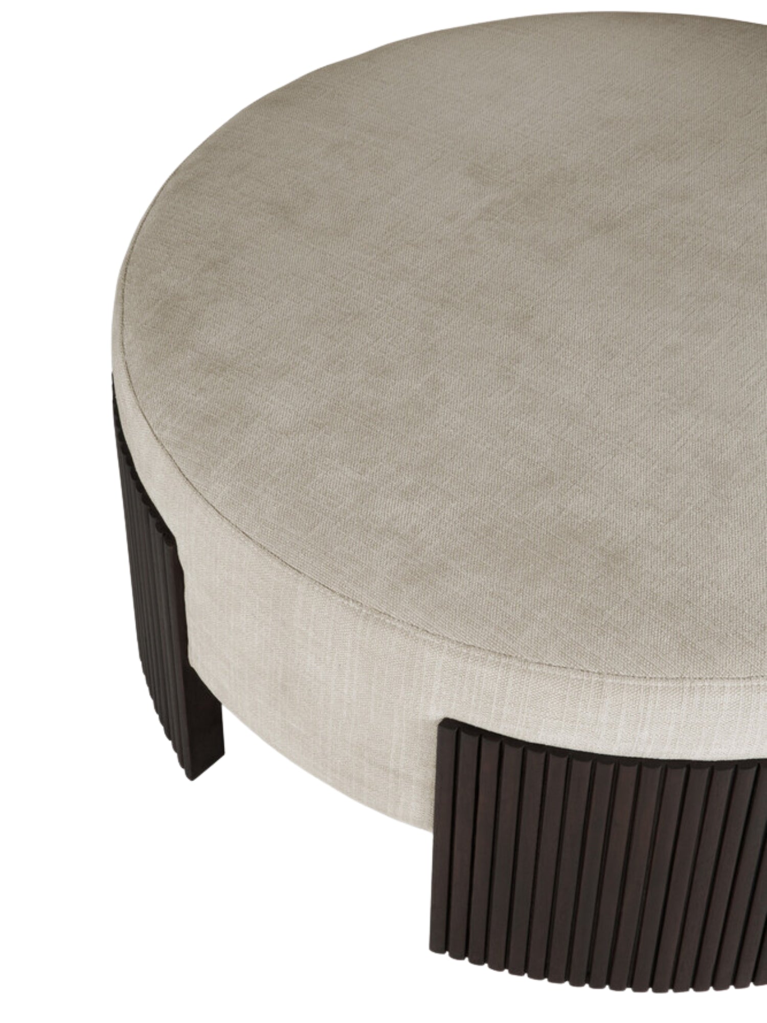 Ethnicraft Roller Max Pouf, 85cm wide, in mahogany, captured from an elevated angle, detailing the plush, light beige upholstered top and the unique, dark slatted wooden base, on a white background.