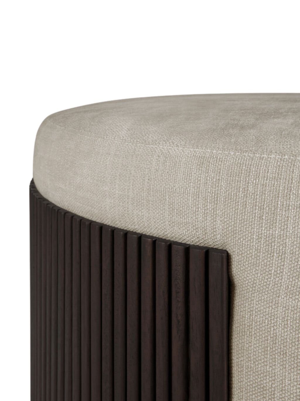 Ethnicraft Roller Max Pouf, 85cm wide, in rich mahogany and light beige fabric. Close-up detail of the textured wooden slats and soft upholstered top, displayed on a clean white background.