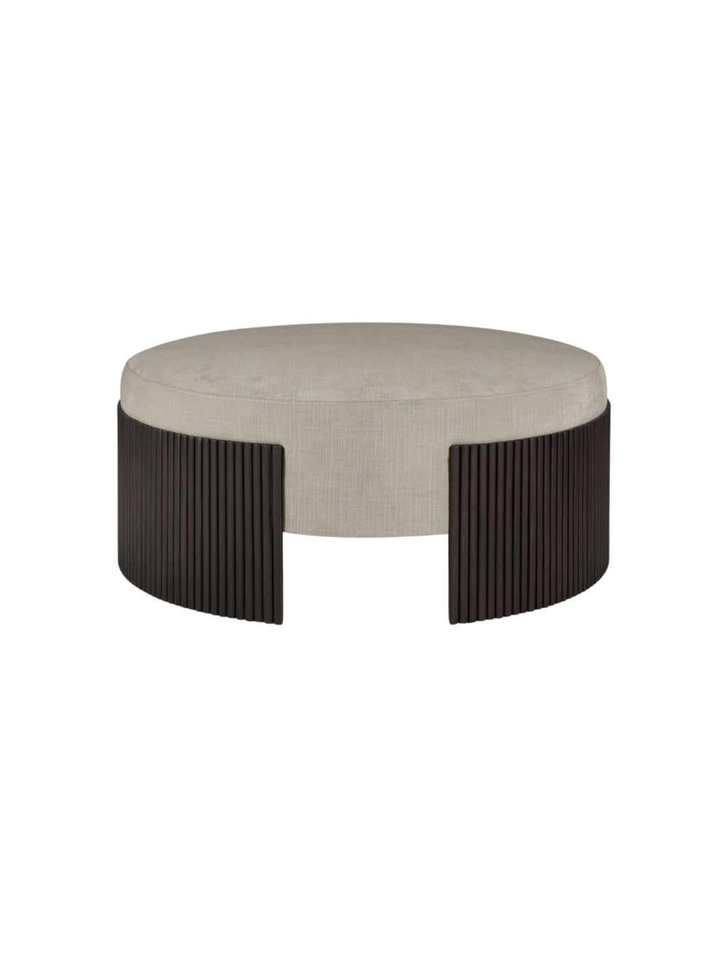 Ethnicraft Roller Max Pouf, 85cm wide, in mahogany, presented from the front, revealing its round, upholstered light beige top and the distinctive dark, slatted wooden base, on a white background.