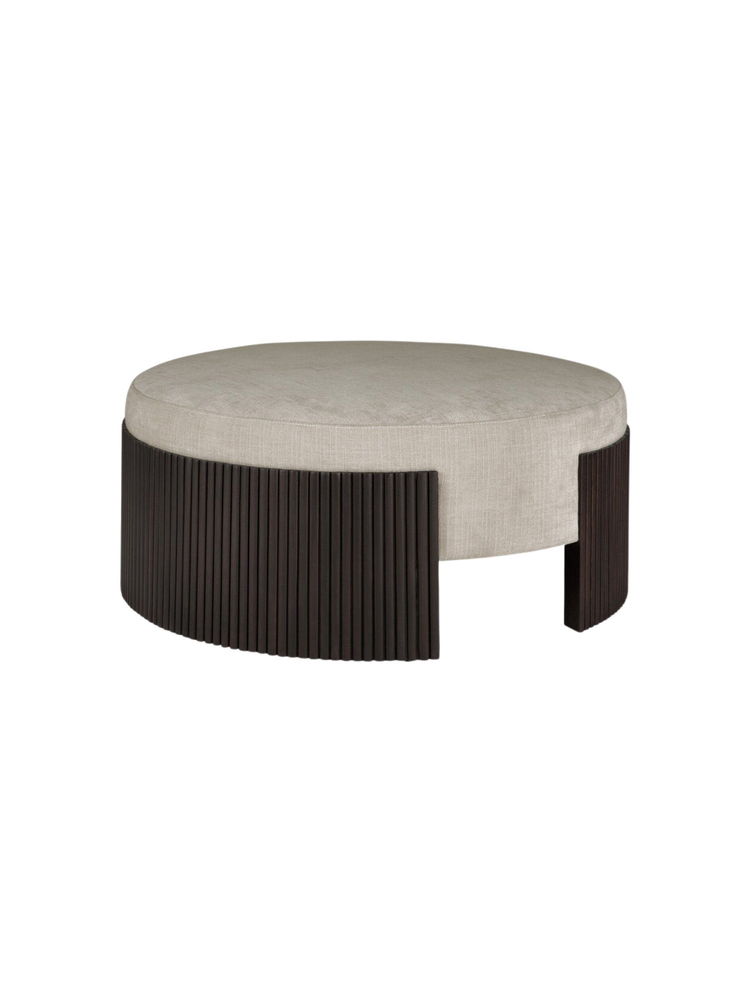 Ethnicraft Roller Max Pouf, 85cm wide, in mahogany, showing its round shape with a light beige upholstered top and dark, vertically slatted wooden base, displayed on a white background.